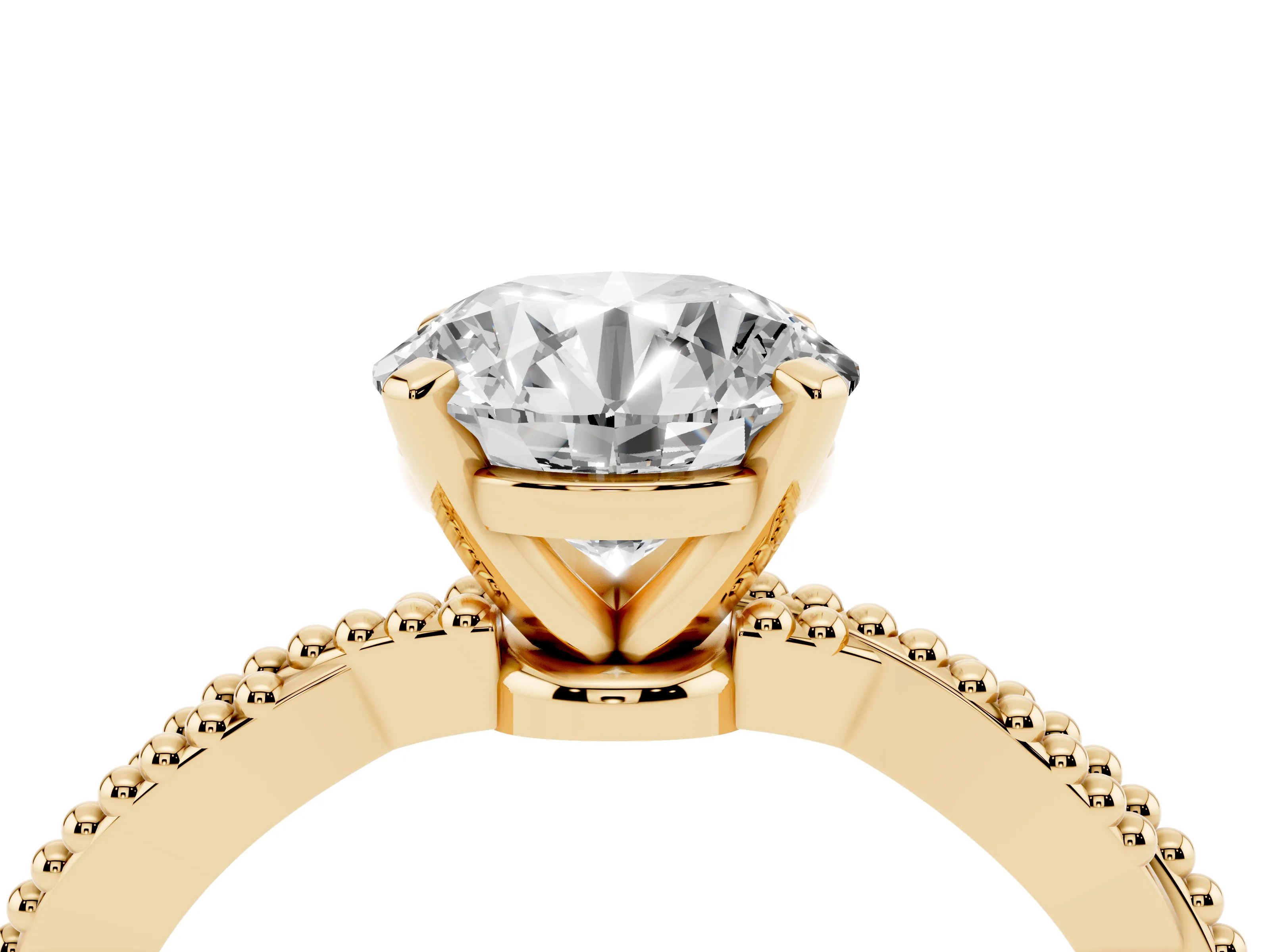 Round Cut Diamond Solitaire Ring Set in Yellow gold with Twisted Band and Bead Prong Setting