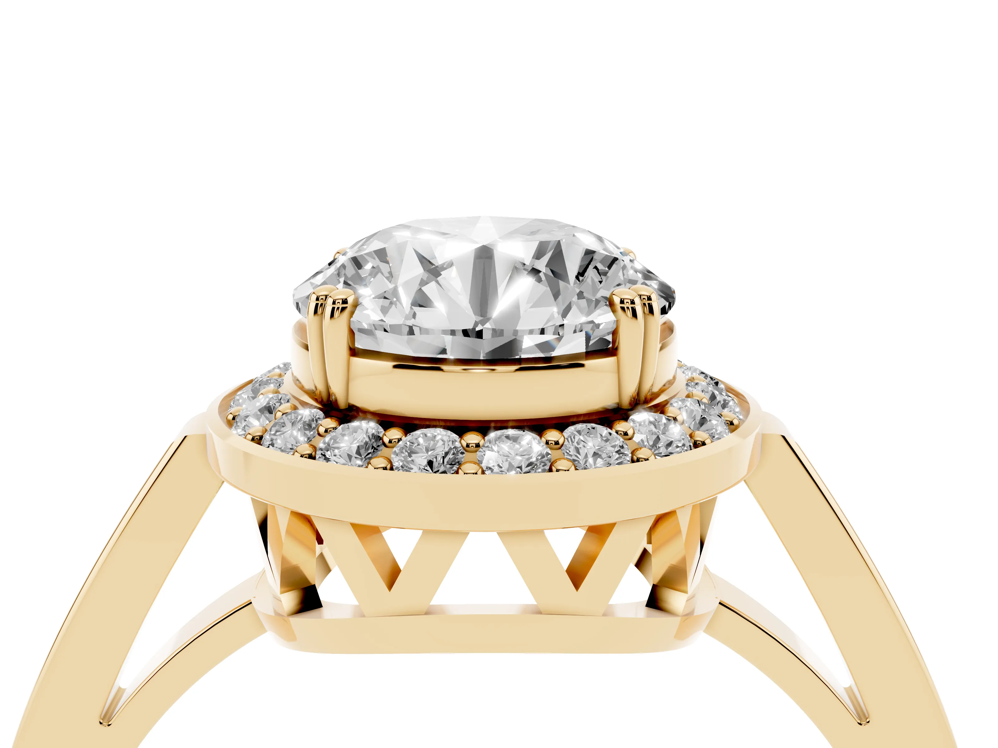 Round Cut Diamond Halo Ring Set in Yellow gold with Accent-Lined Split Shank and Prong Setting