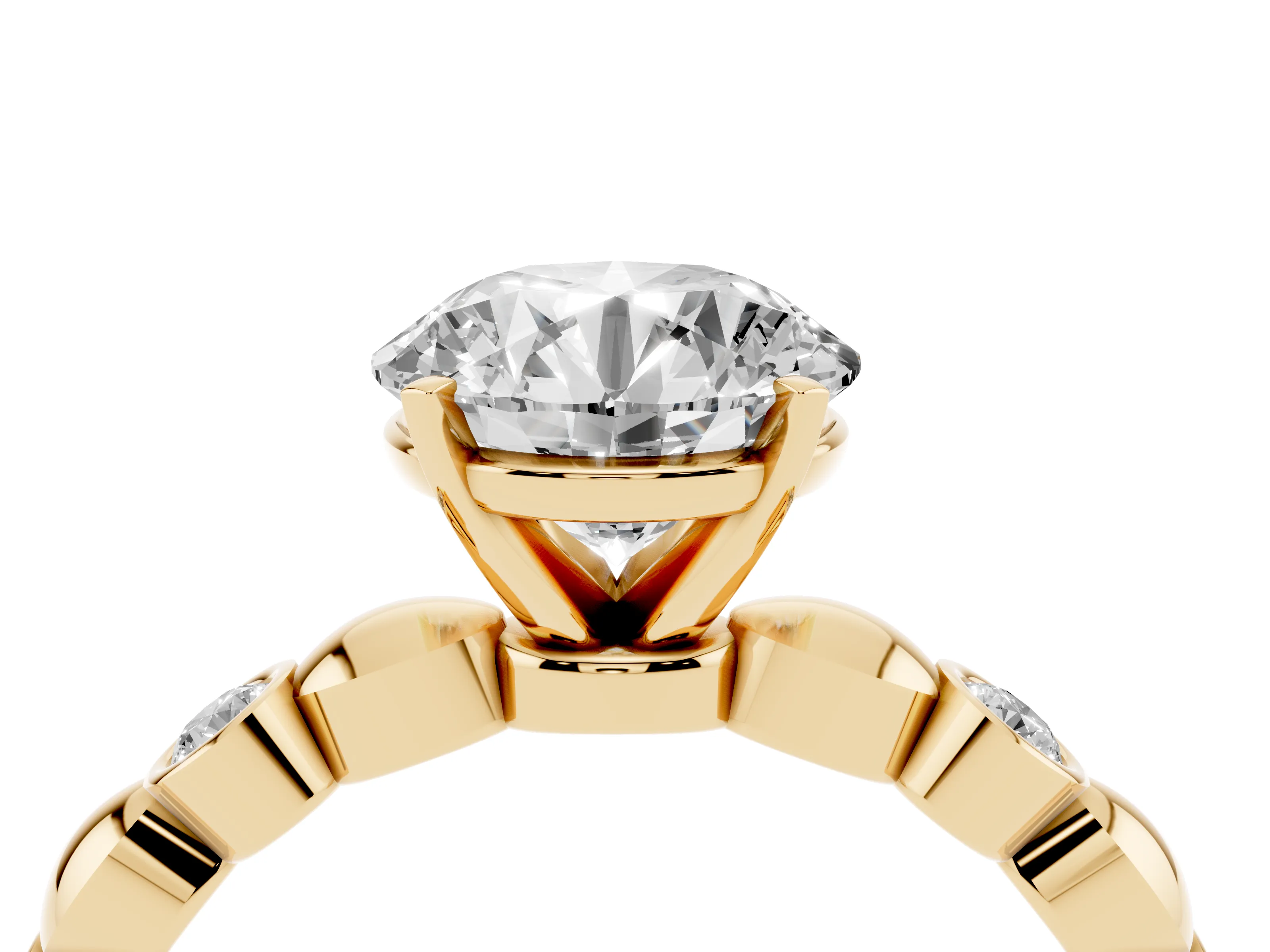 Round Cut Diamond Solitaire Ring Set in Yellow gold with Bezel-Set Accents on Beaded Band and Prong Setting