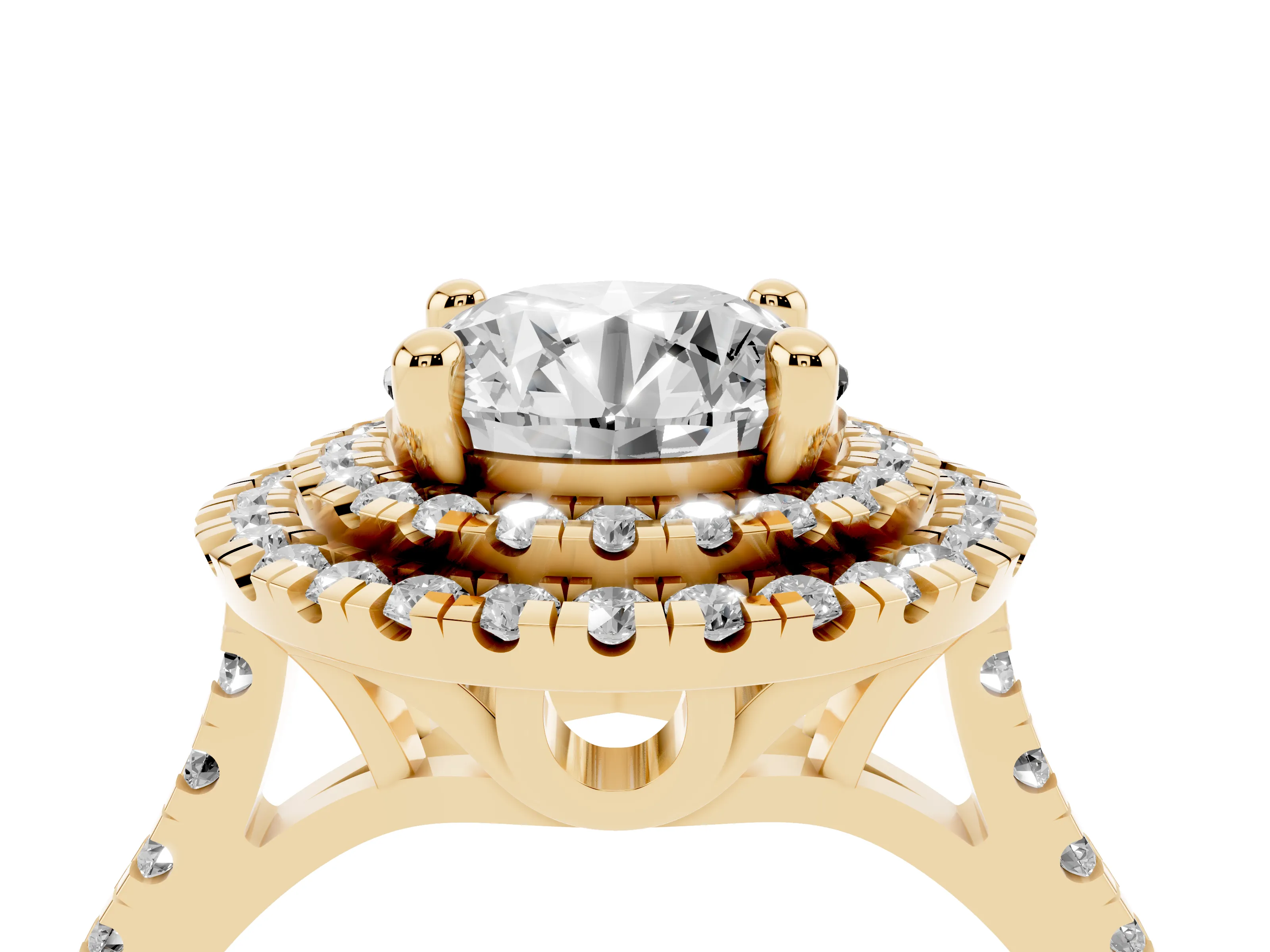 Round Cut Diamond Double Halo Statement Ring Set in Yellow gold with Pavé Band