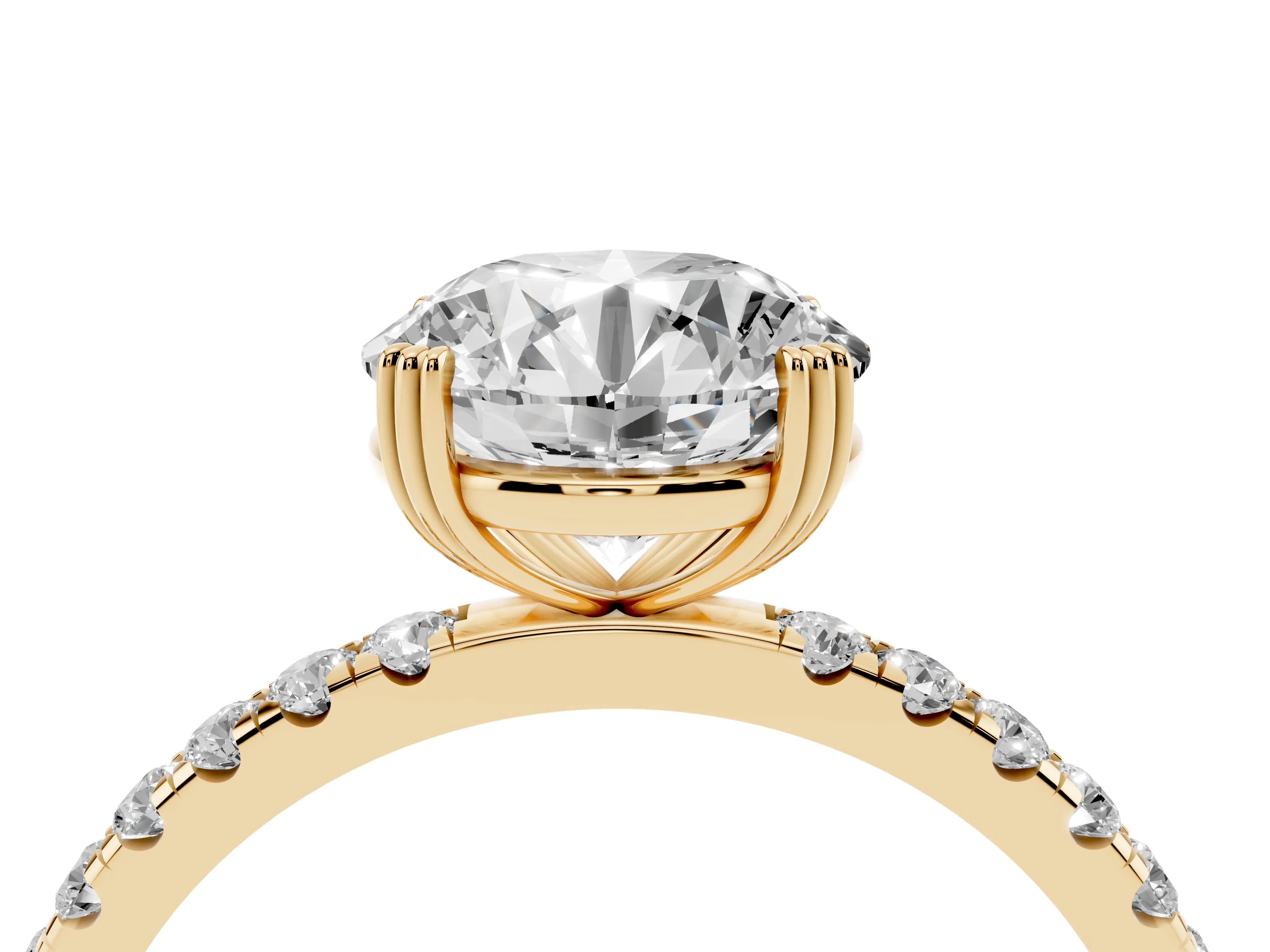 Round Cut Diamond Brilliant Solitaire Set in Yellow gold with Pavé Band and Claw Prong Setting