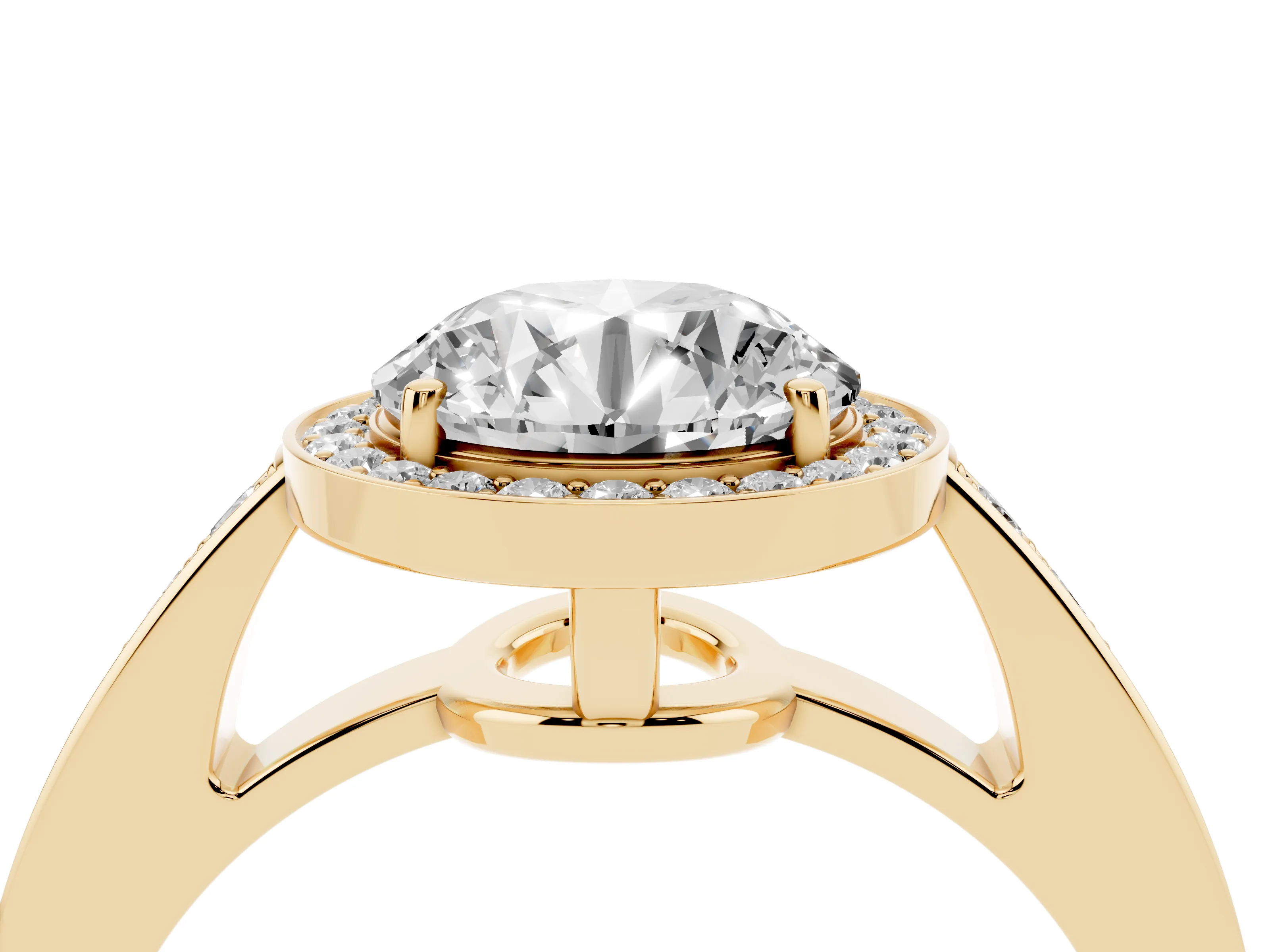 Round Cut Diamond Halo Pavé Engagement Ring Set in Yellow gold with Bezel Setting