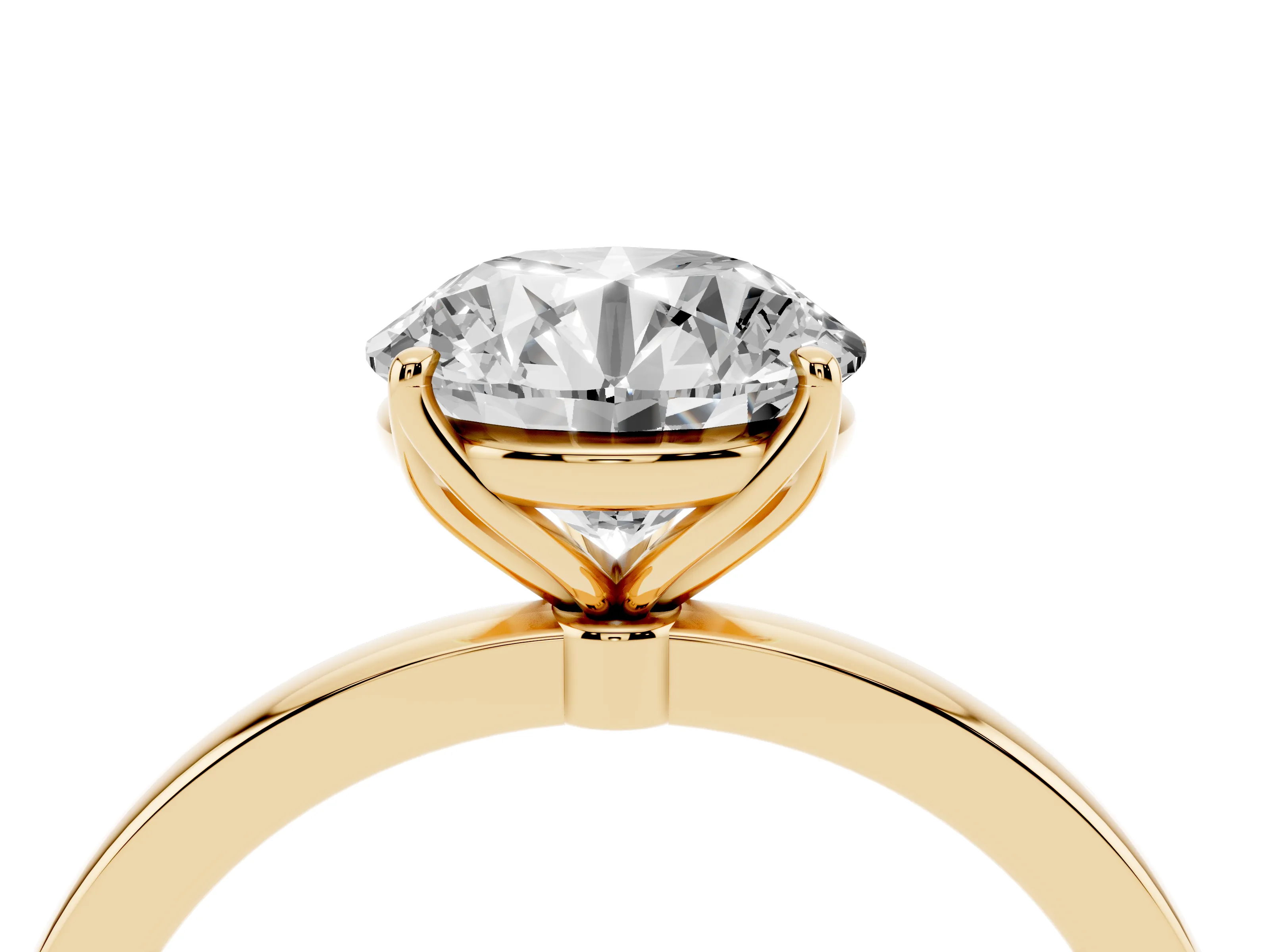 Round Cut Diamond Solitaire Ring Set in Yellow gold with Prong Setting and Thin Polished Band