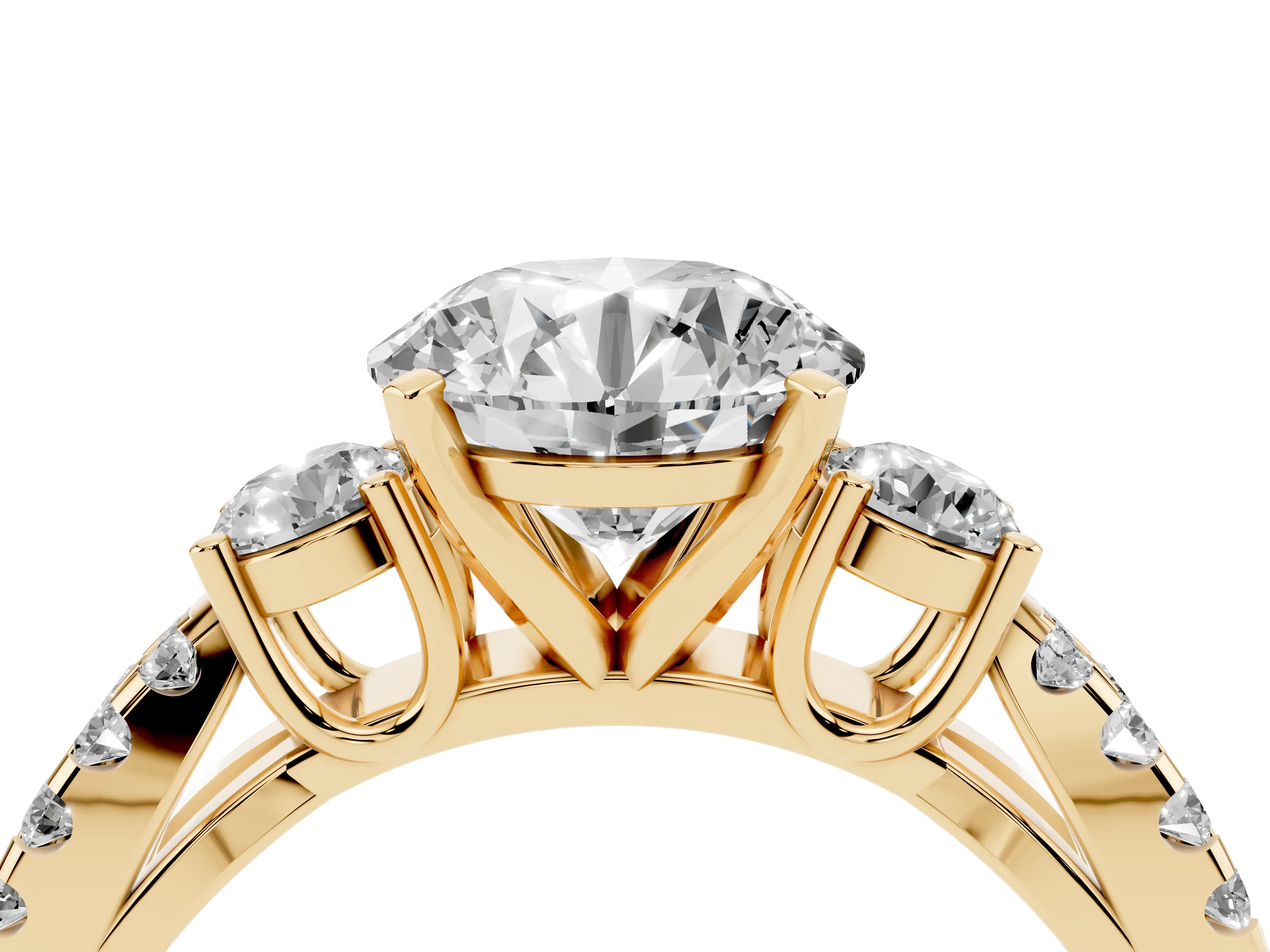 Round Cut Diamond Three-Stone Ring Set in Yellow gold with Pavé Split Shank and Prong Setting