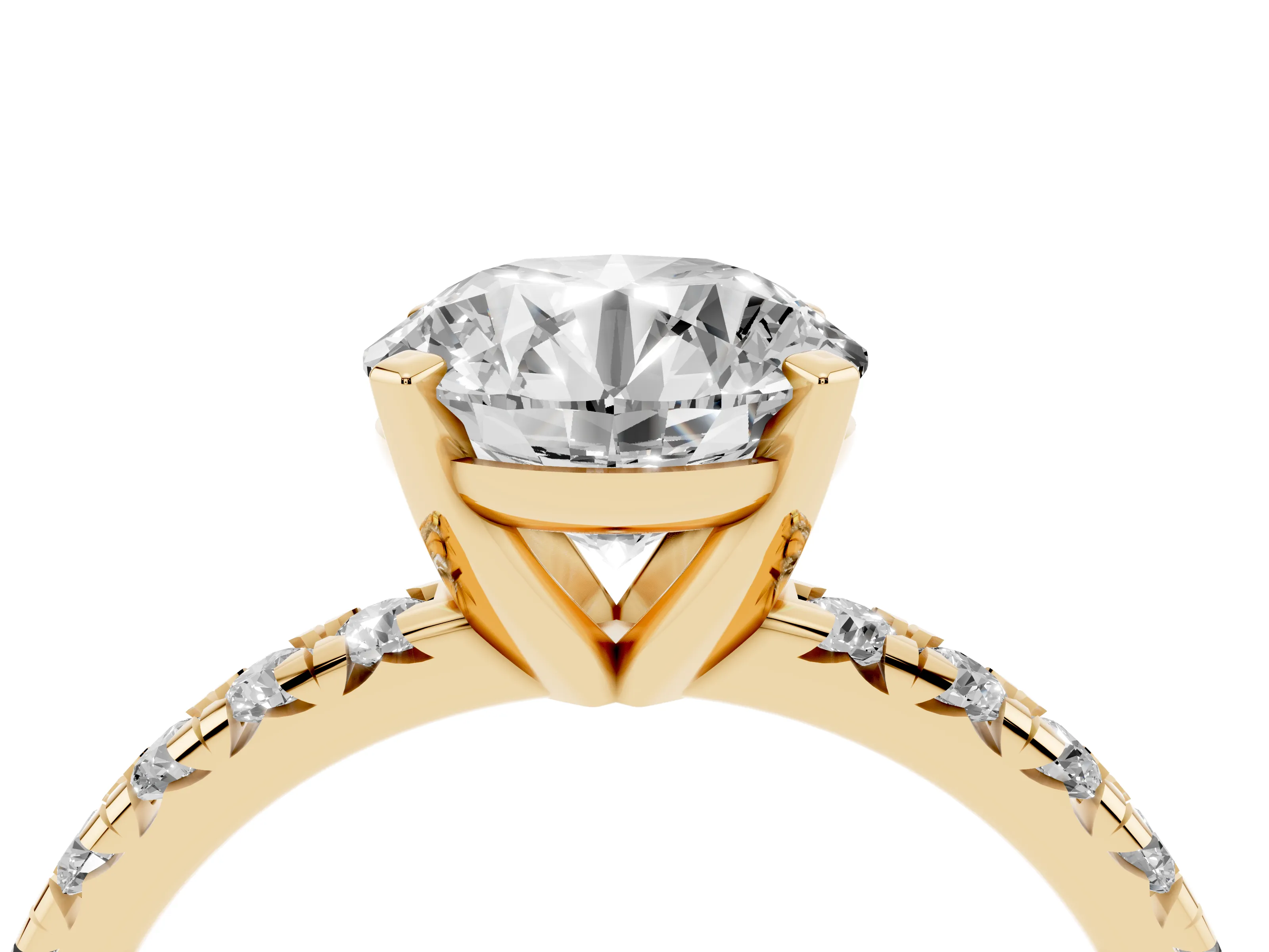 Round Cut Diamond Solitaire Pavé Engagement Ring Set in Yellow gold with Round Band and Prong Setting