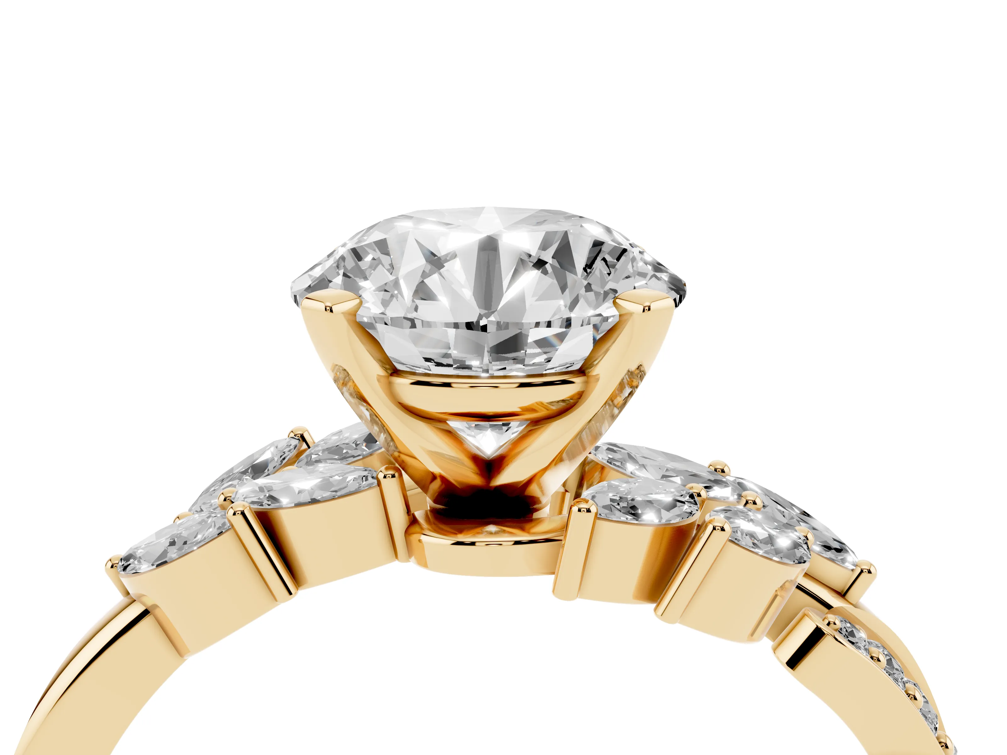 Round Cut Diamond Solitaire Ring Set in Yellow gold with Marquise Twist Band and Prong Setting