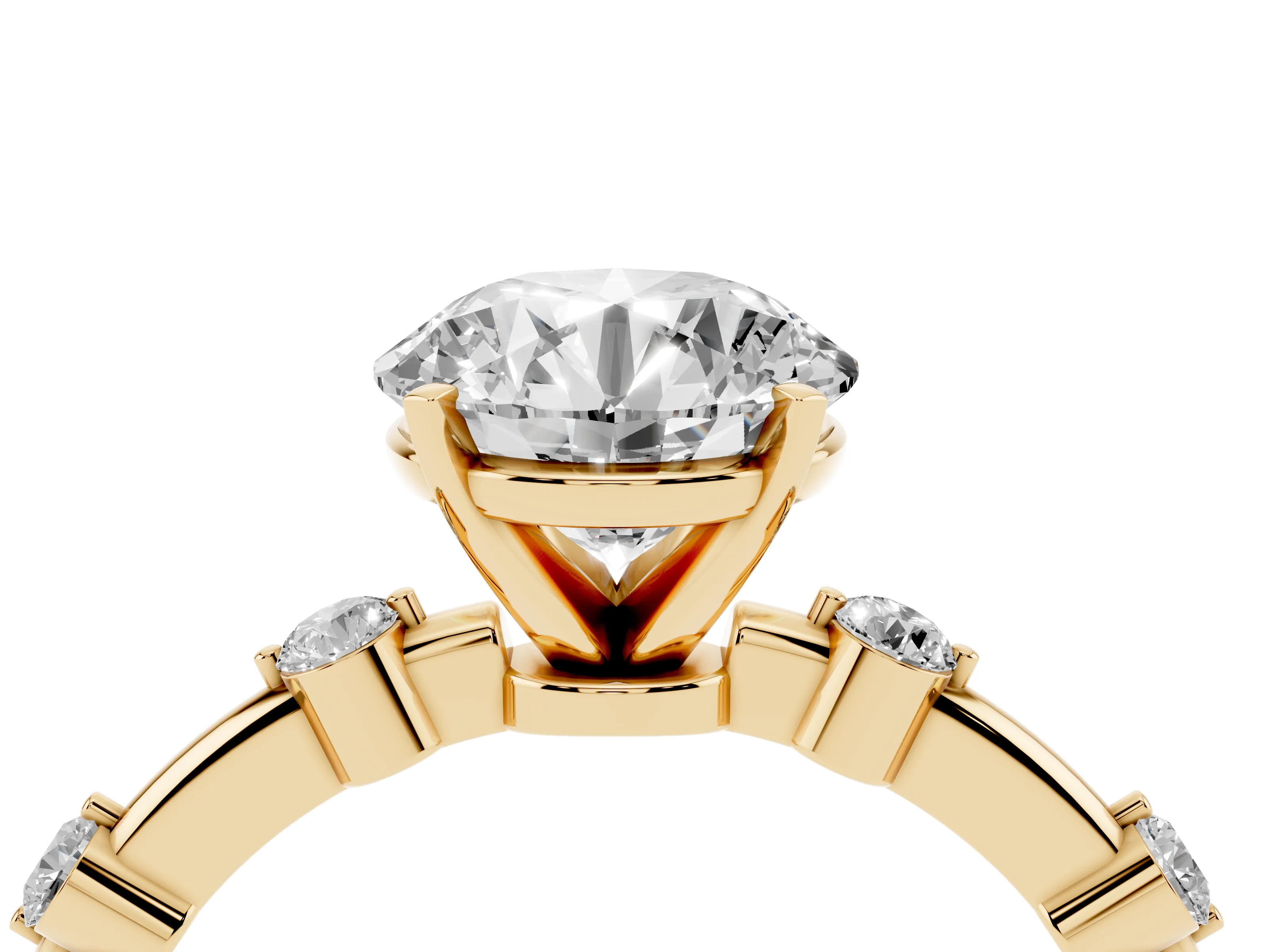 Round Cut Diamond Solitaire Ring Set in Yellow gold with Bezel Set Side Stones and Prong Setting