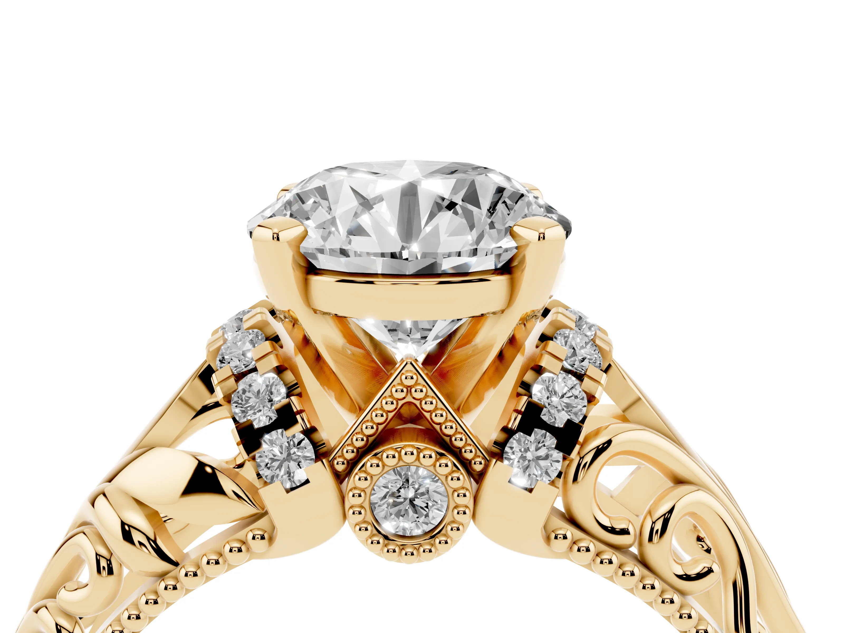 Round Cut Diamond Filigree Halo Engagement Ring Set in Yellow gold with Prong Setting