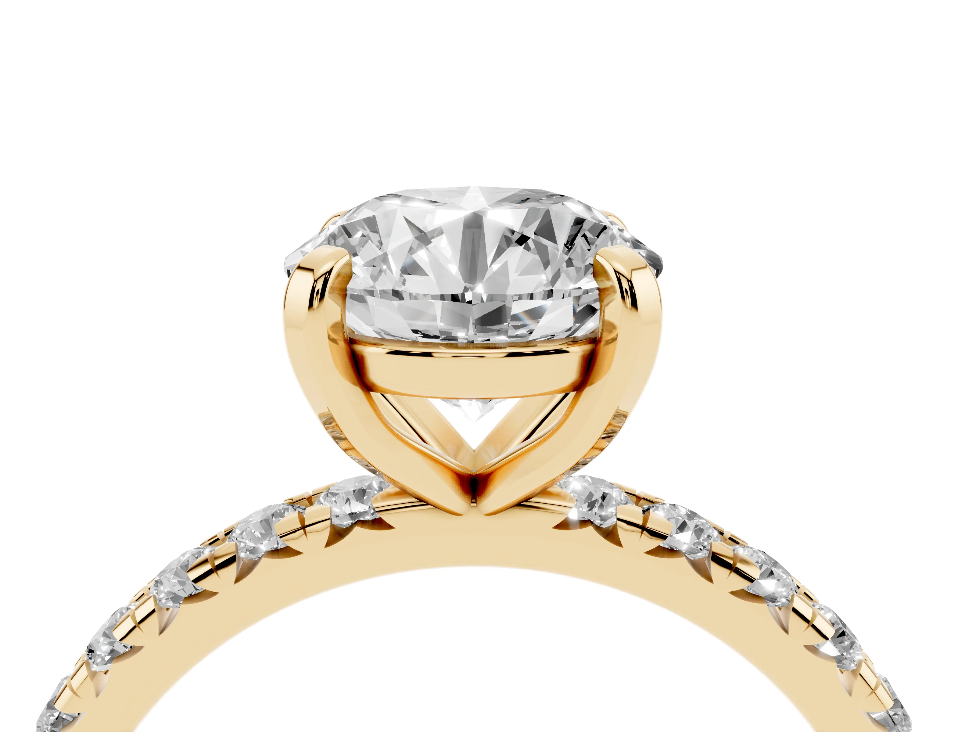Round Cut Diamond Pavé Solitaire Ring Set in Yellow gold with Round Band and Prong Setting