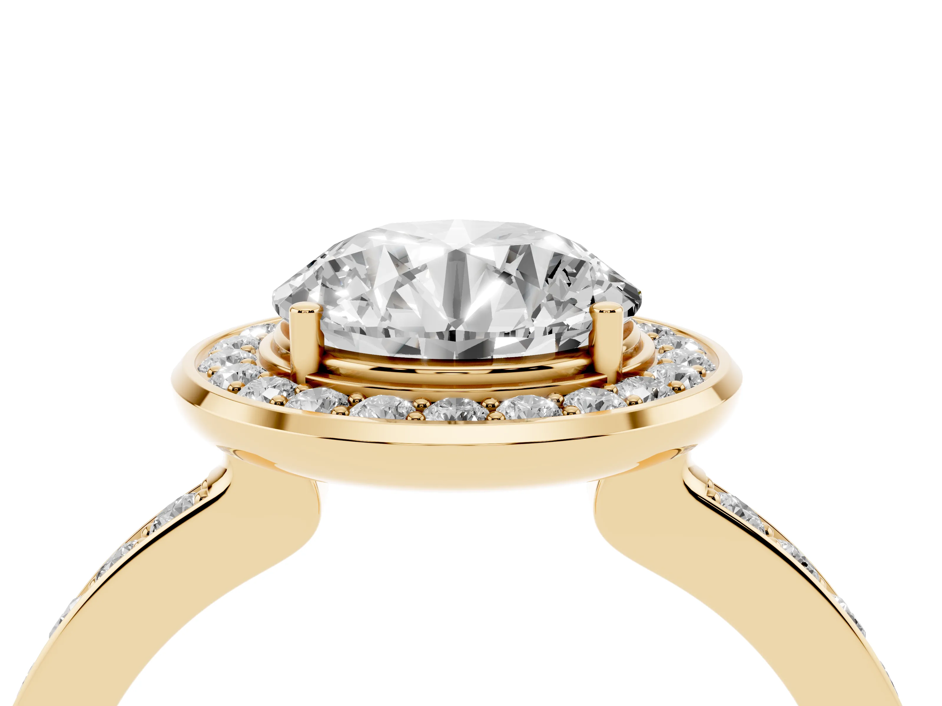 Round Cut Diamond Halo Ring Set in Yellow gold with Bezel Frame and Pavé Band