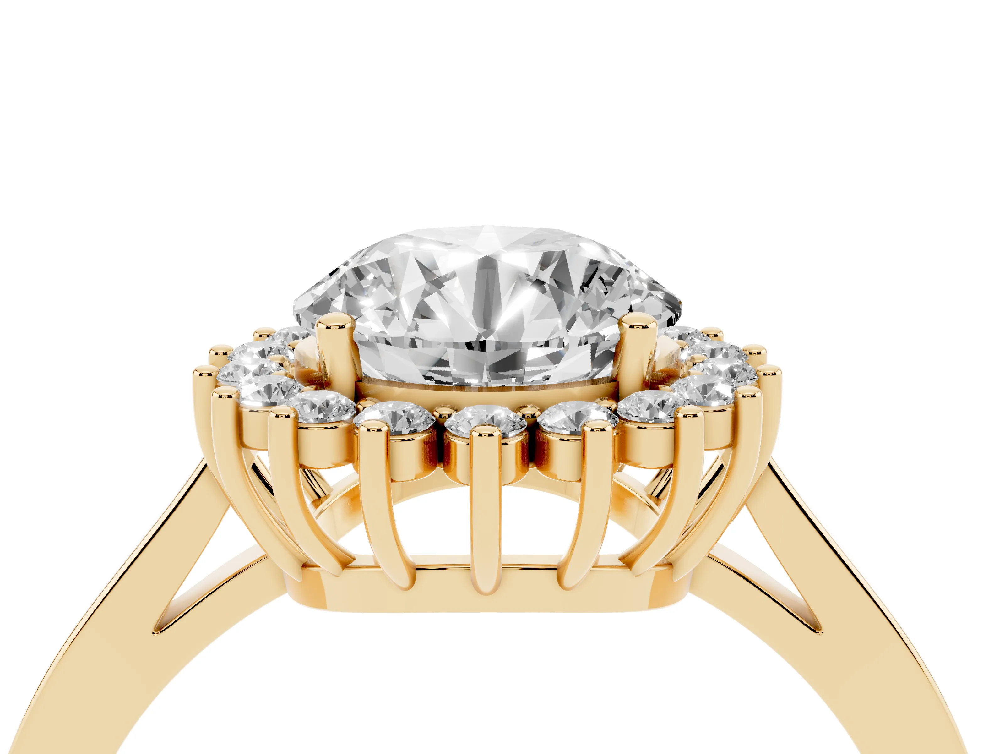 Round Cut Diamond Halo Ring Set in Yellow gold with Round Halo and Smooth Solitaire Band