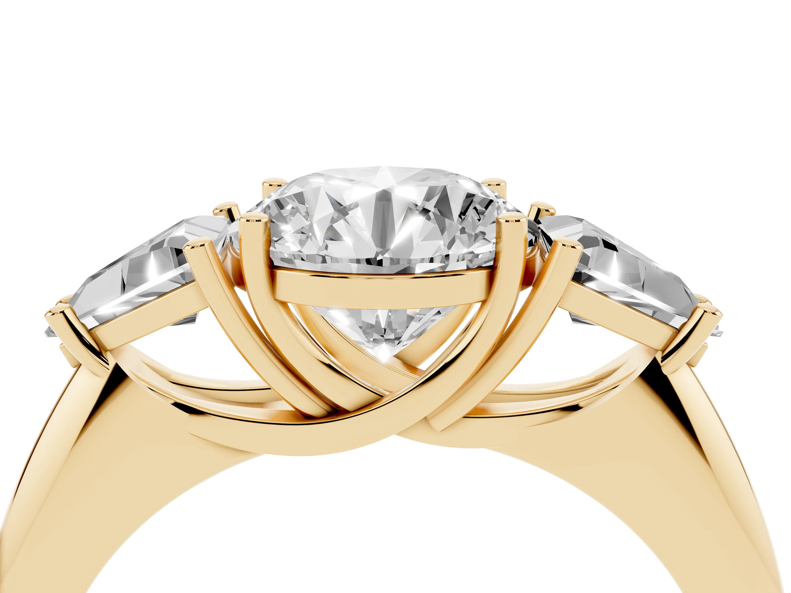 Round Cut Diamond Three-Stone Engagement Ring Set in Yellow gold with Trillion Side Stones