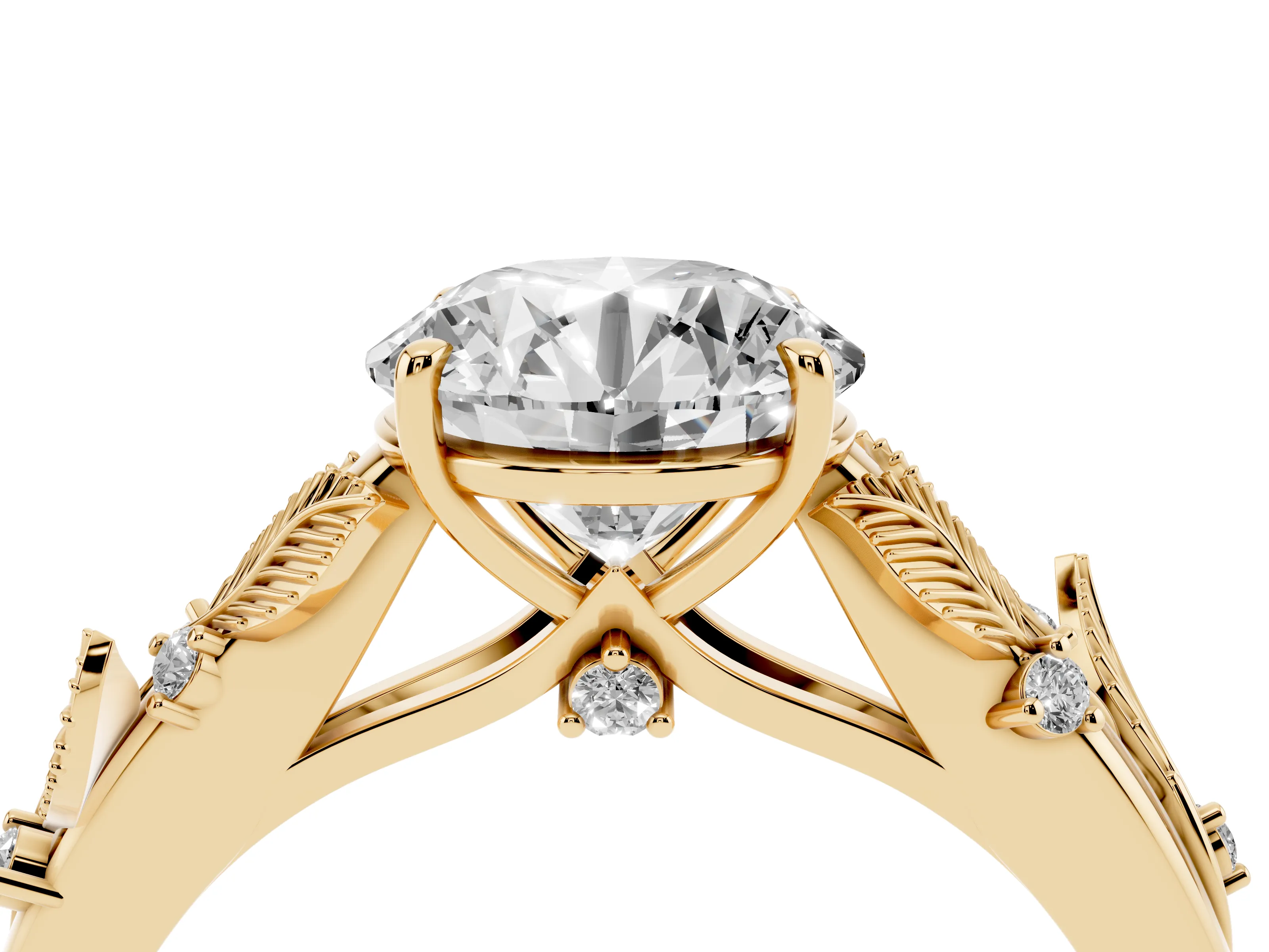 Round Cut Diamond Solitaire Ring Set in Yellow gold with Leaf Motif Band