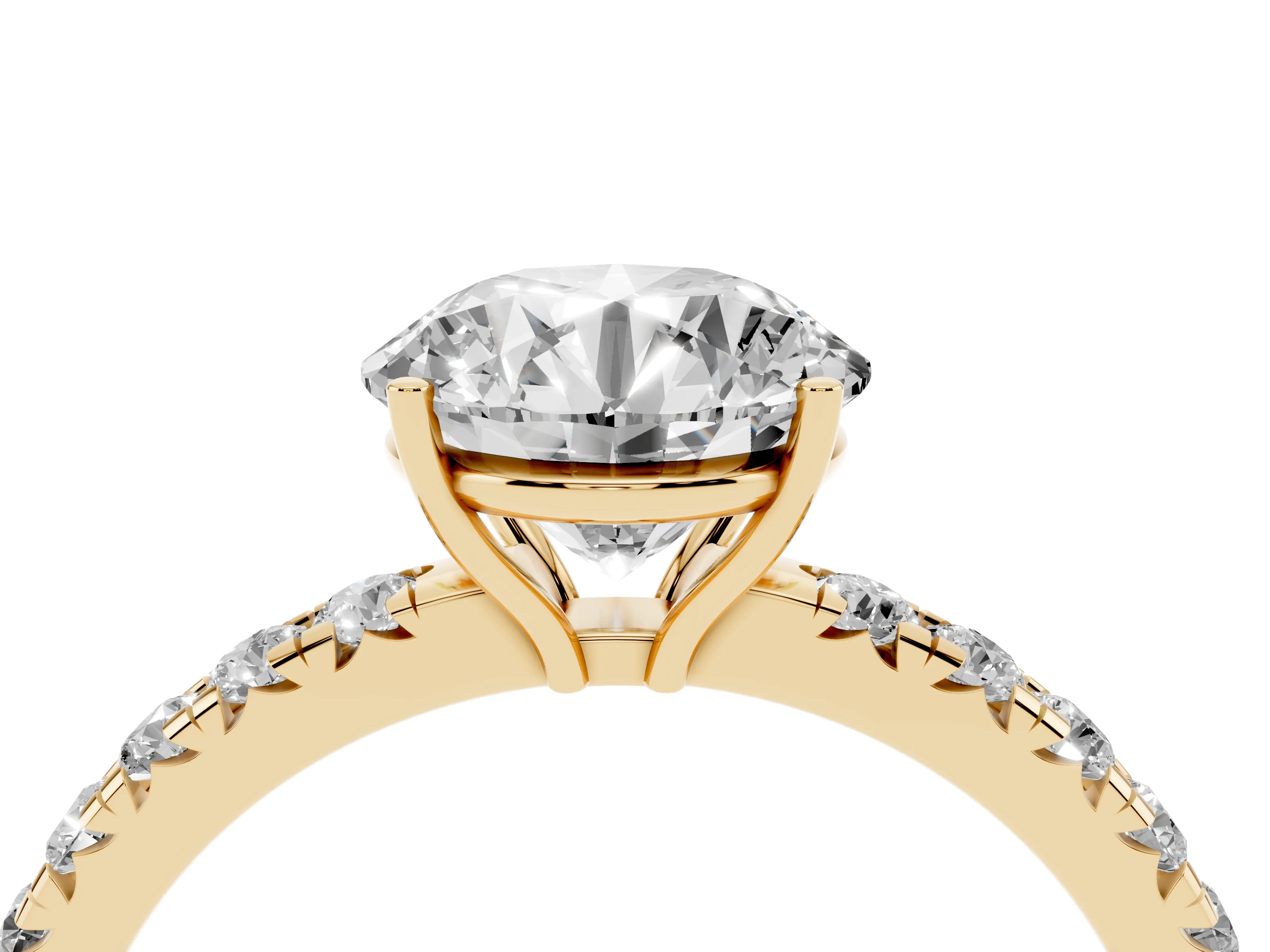 Round Cut Diamond Pavé Solitaire Engagement Ring Set in Yellow gold with Prong Setting