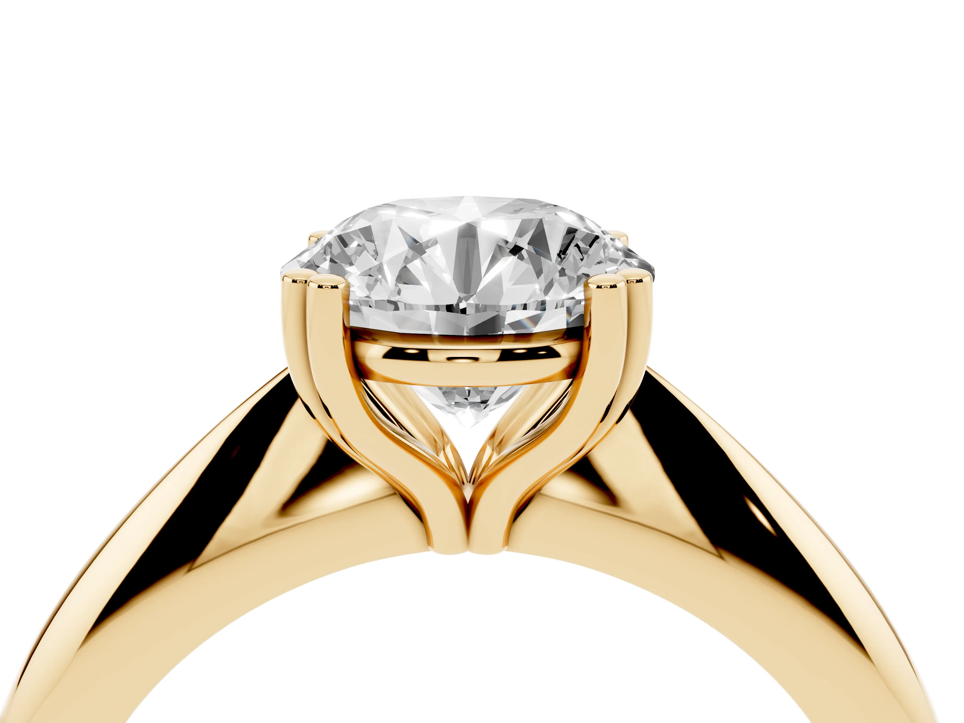 Round Cut Diamond Solitaire Engagement Ring Set in Yellow gold with Tapered Band and Prong Setting