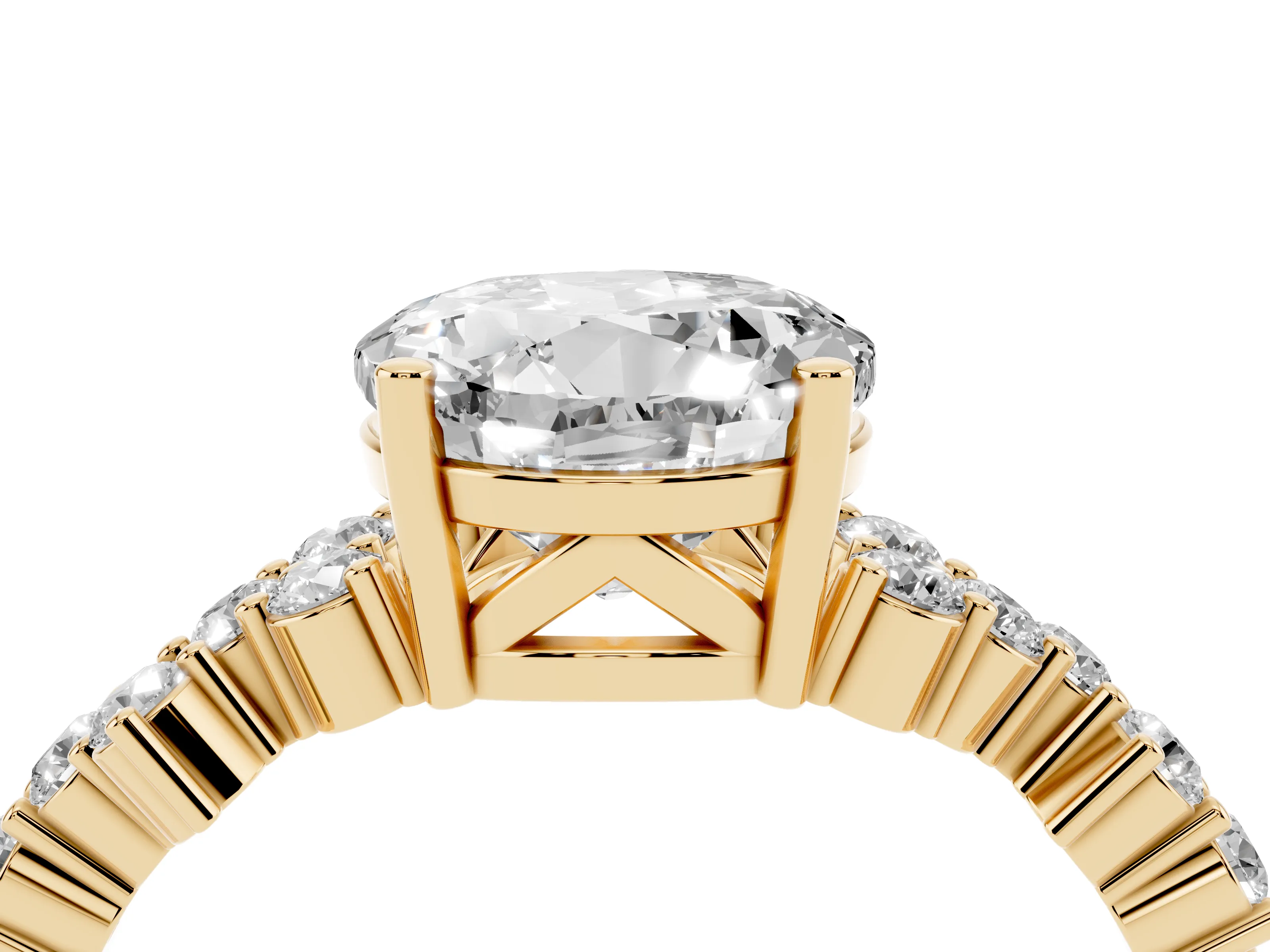 Round Cut Diamond Ring Set in Yellow gold with Scattered Round Accents