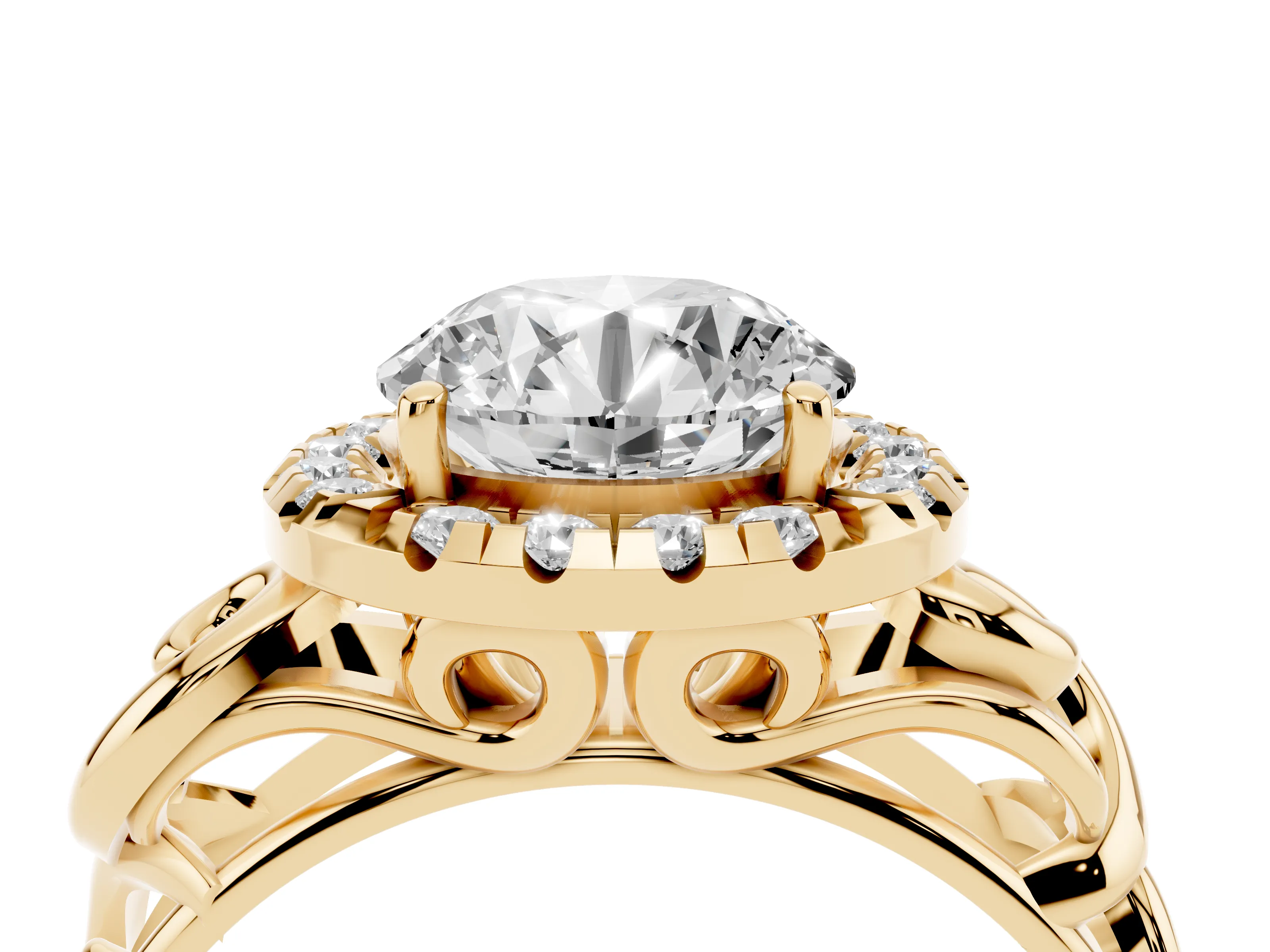 Round Cut Diamond Halo Ring Set in Yellow gold with Scrollwork Band and Prong Setting
