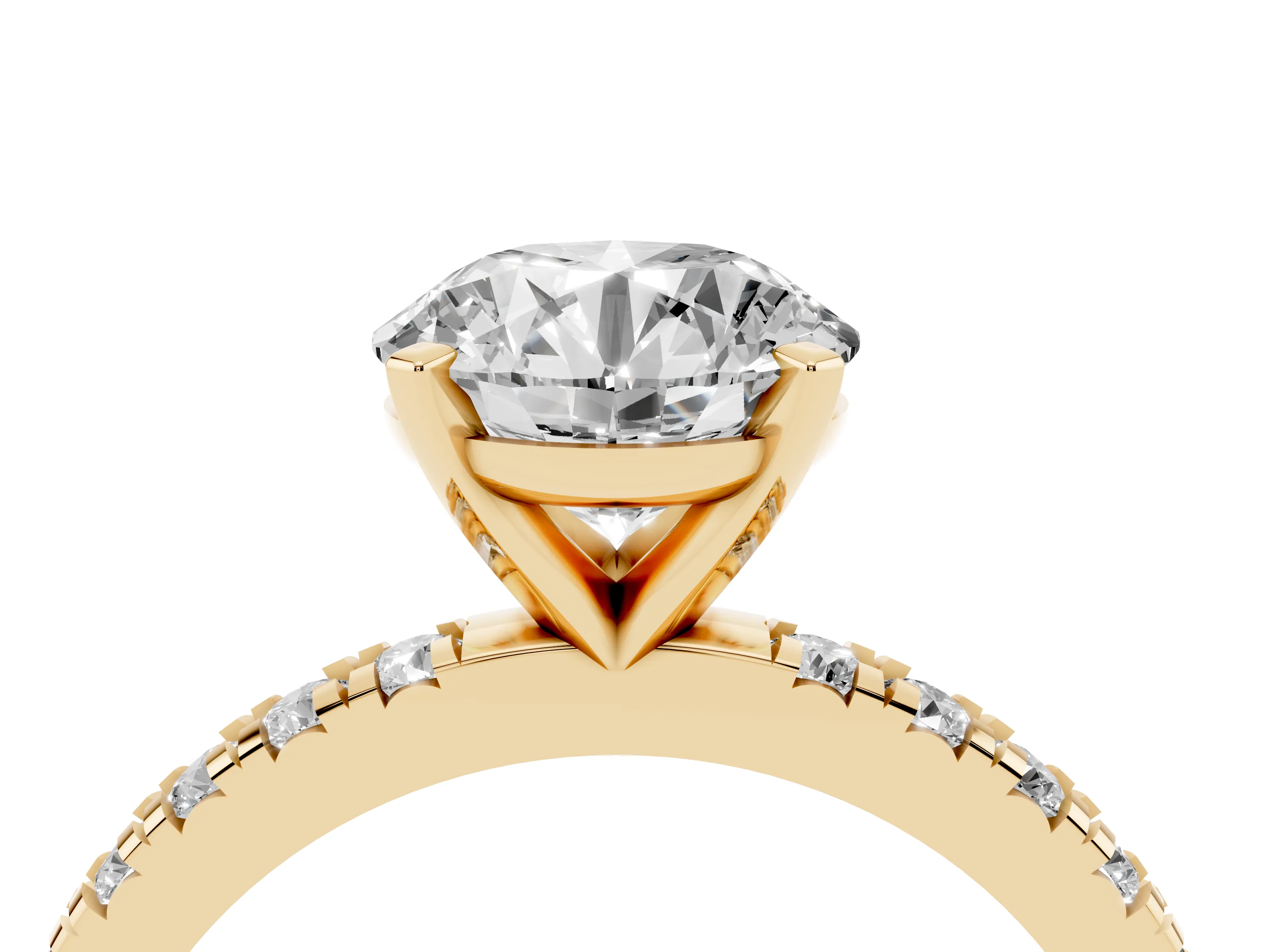 Round Cut Diamond Pavé Band Solitaire Set in Yellow gold with Prong Setting