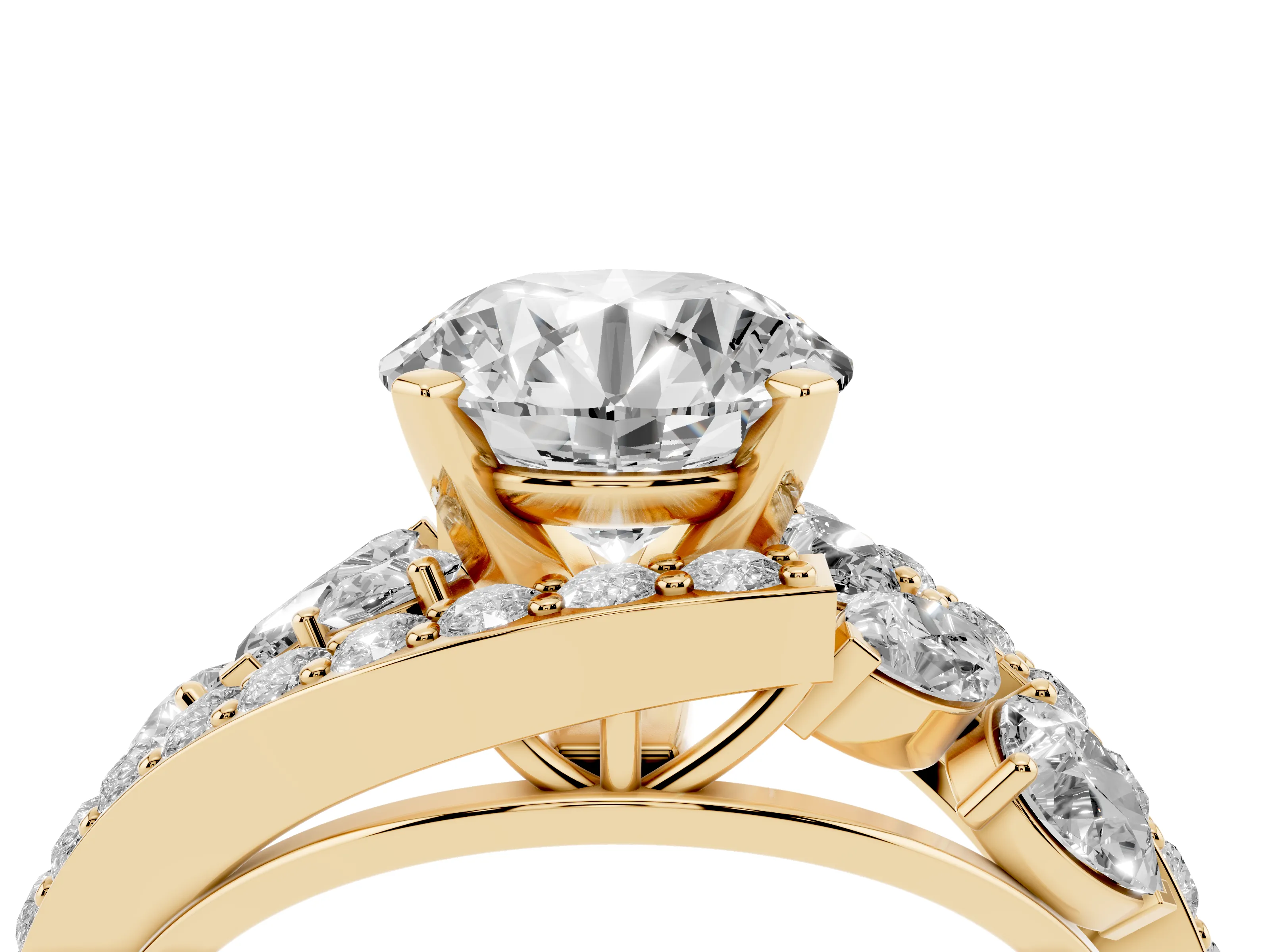 Round Cut Diamond Halo Ring Set in Yellow gold with Marquise and Pavé Band in Prong Setting