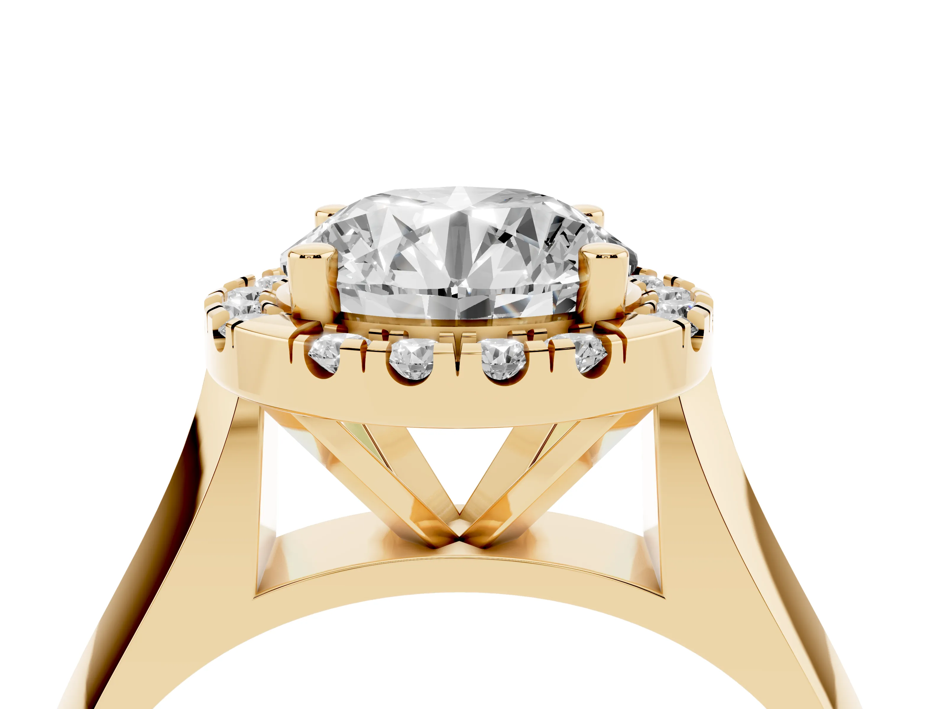Round Cut Diamond Halo Solitaire Engagement Ring Set in Yellow gold with Square Band and Prong Setting