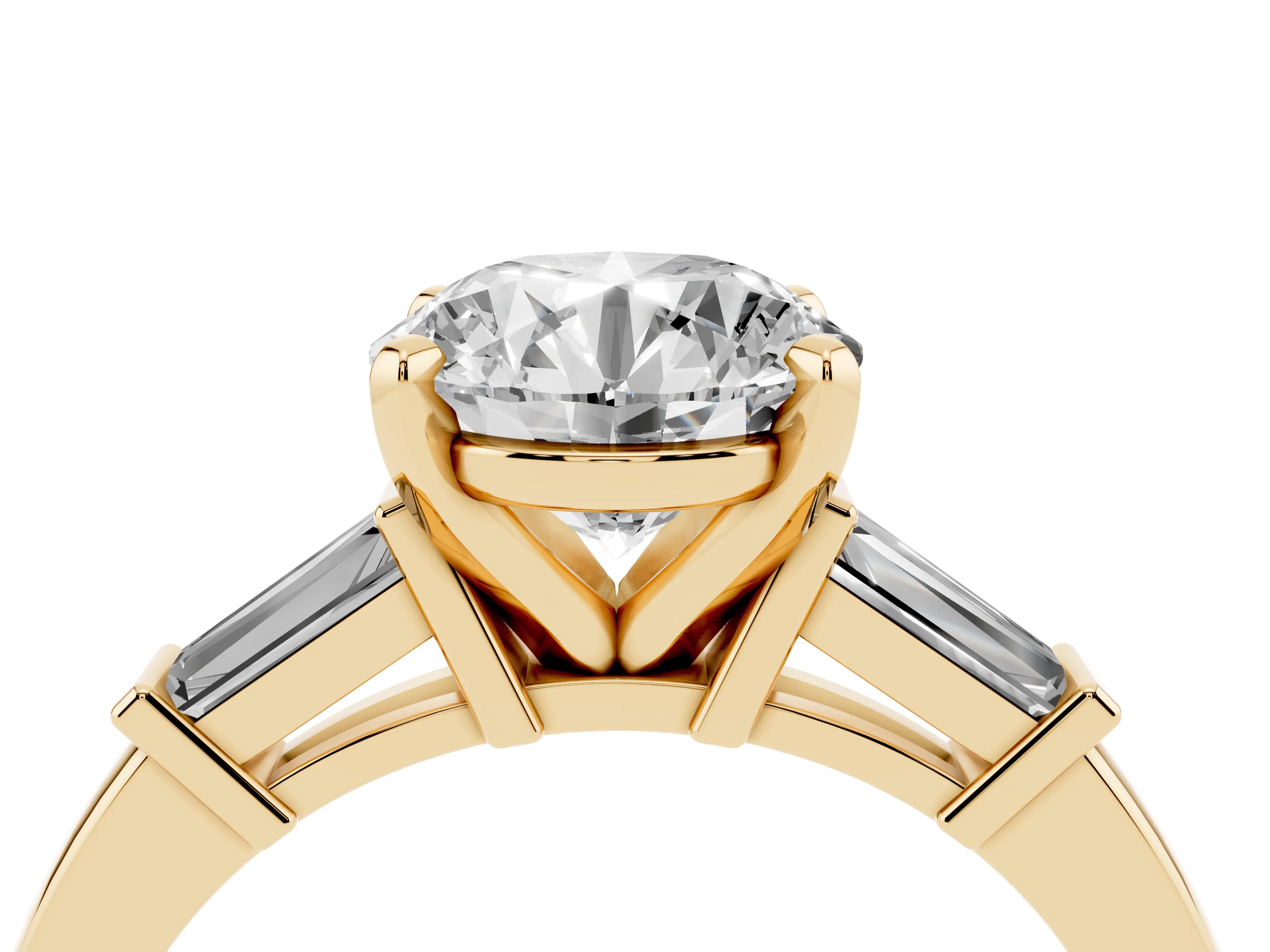 Round Cut Diamond Solitaire Ring Set in Yellow gold with Tapered Baguette Accents and Prong Setting