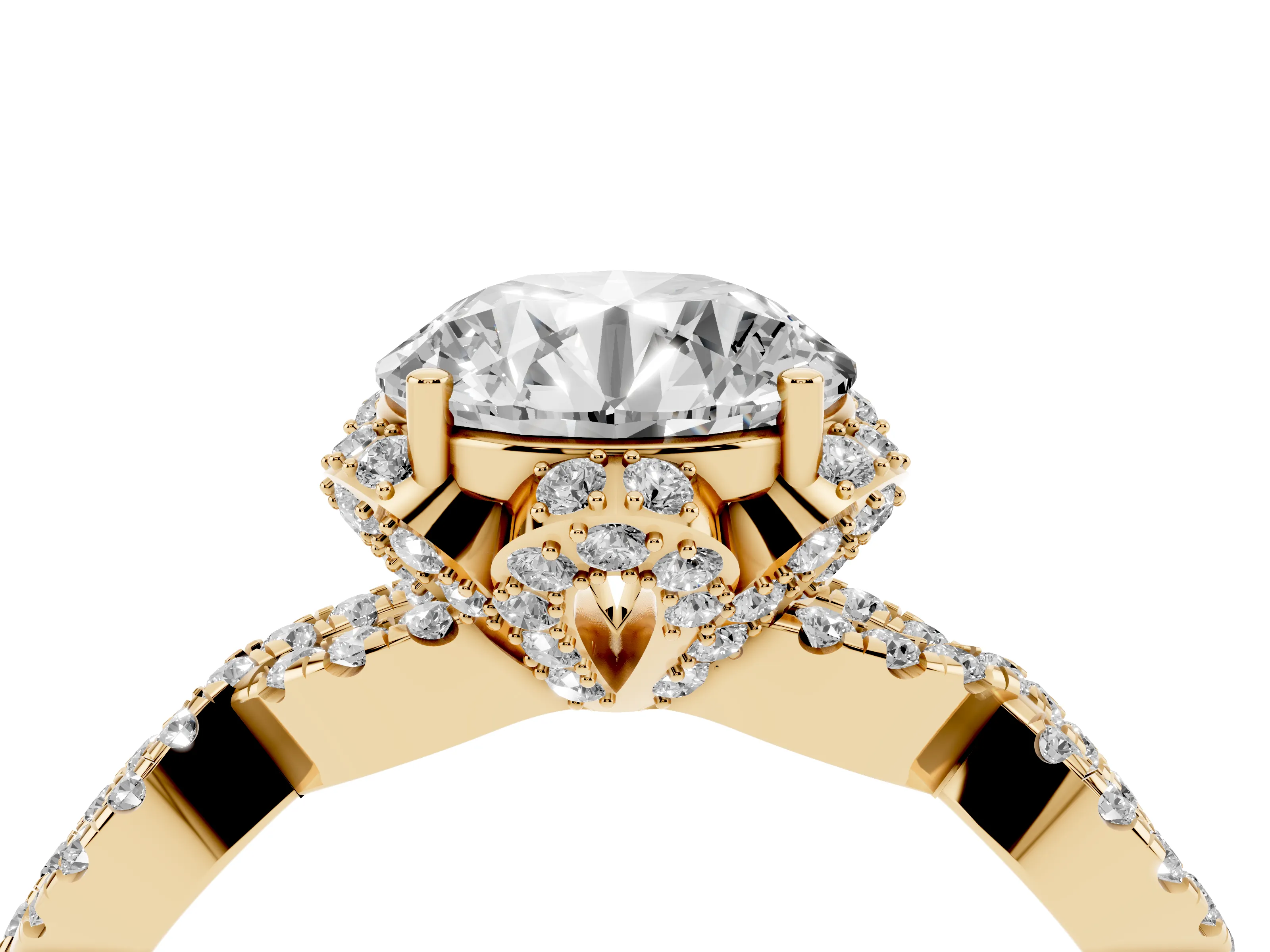 Round Cut Diamond Halo Twist Band Solitaire Ring Set in Yellow gold with Prong-Set Center Stone