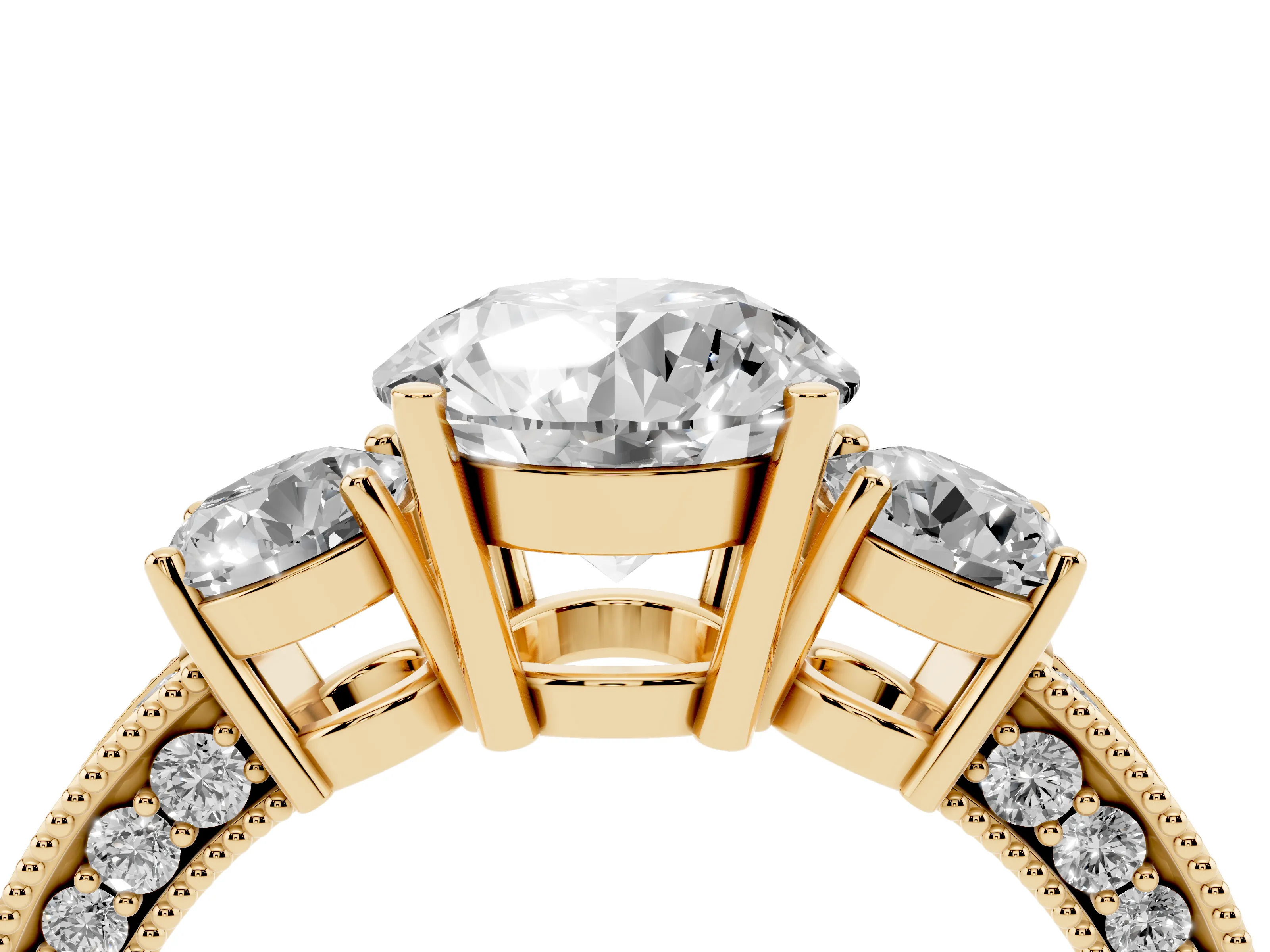 Round Cut Diamond Three-Stone Ring Set in Yellow gold with Round Side Stones and Pavé Band