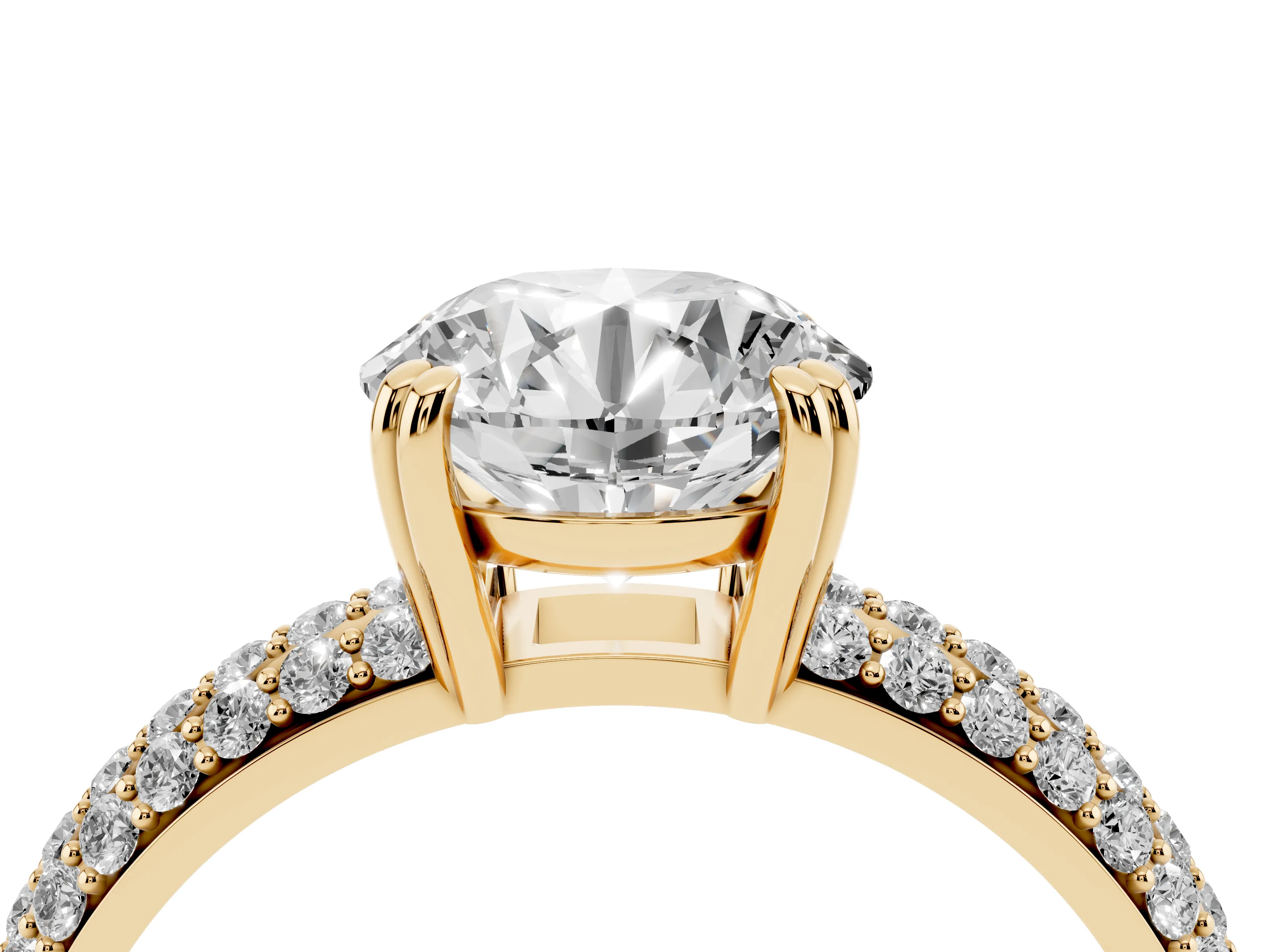 Round Cut Diamond Solitaire Ring Set in Yellow gold with Multi-Row Round Pavé Band and Prong Setting