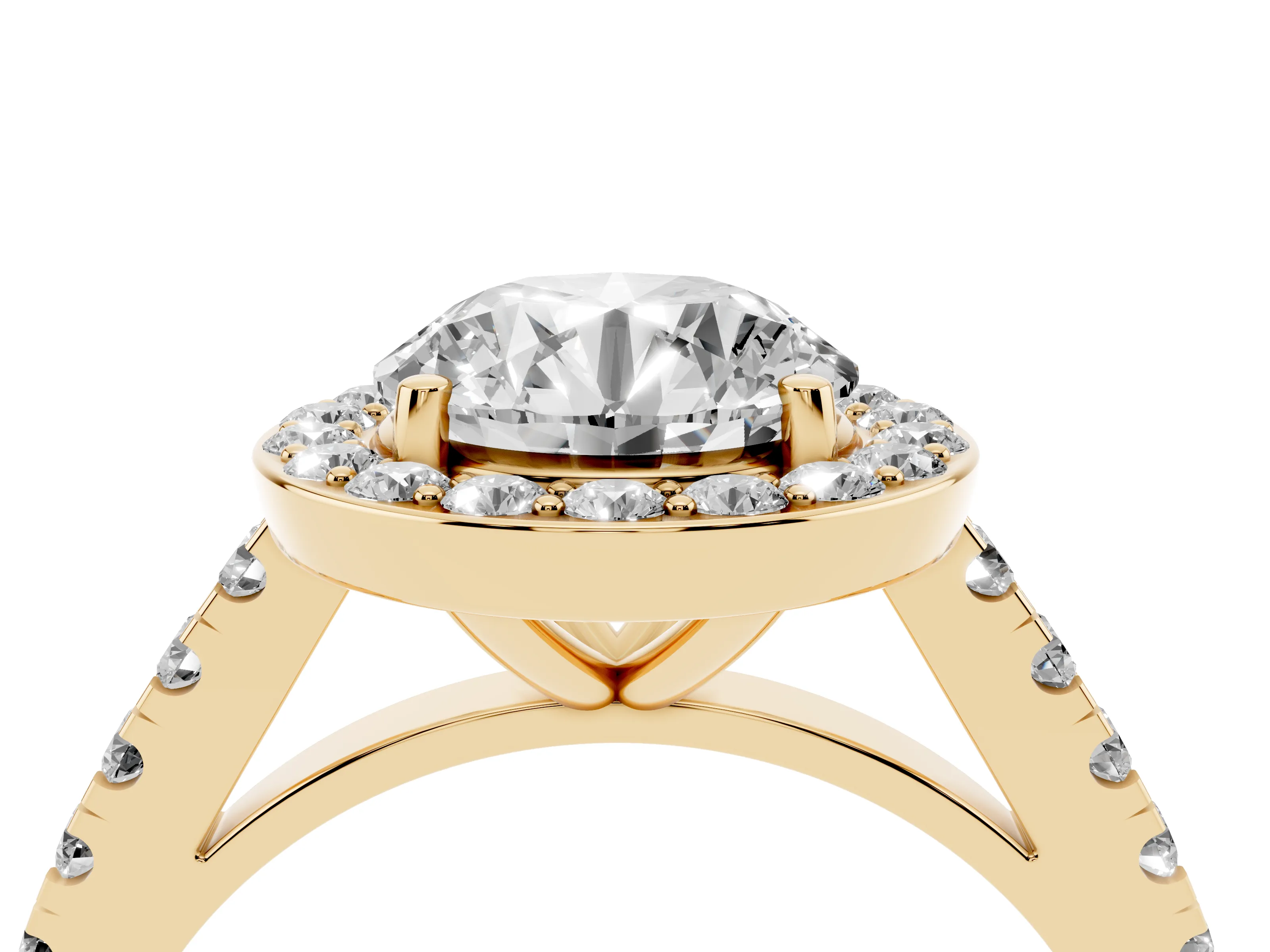 Round Cut Diamond Halo Ring Set in Yellow gold with Round Pavé Split Shank and Prong Setting