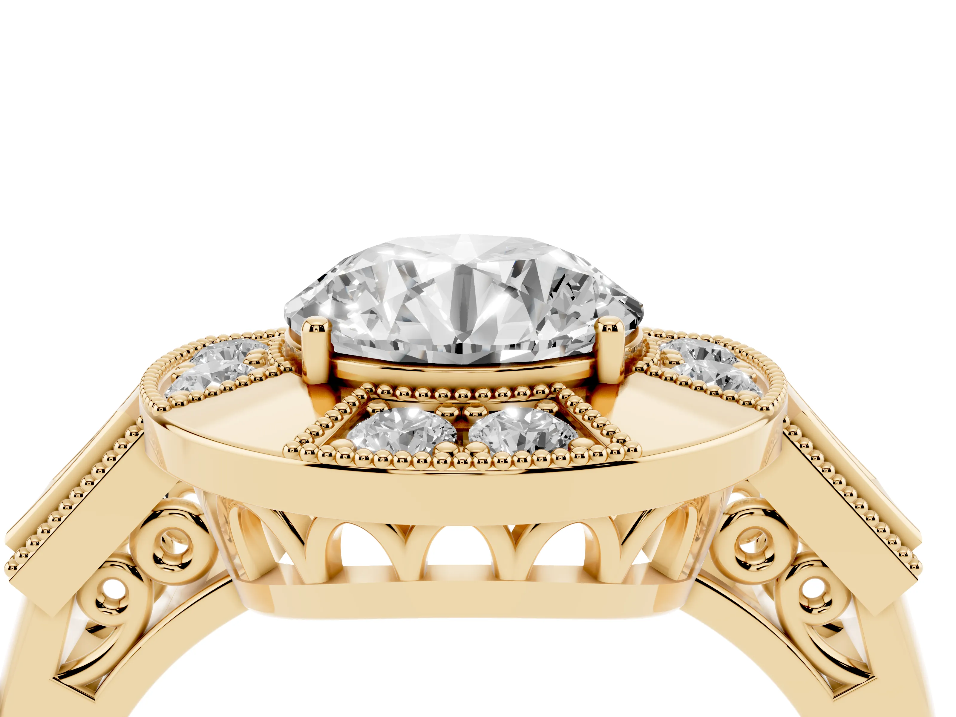 Round Cut Diamond Milgrain Halo Ring Set in Yellow gold with Split Shank