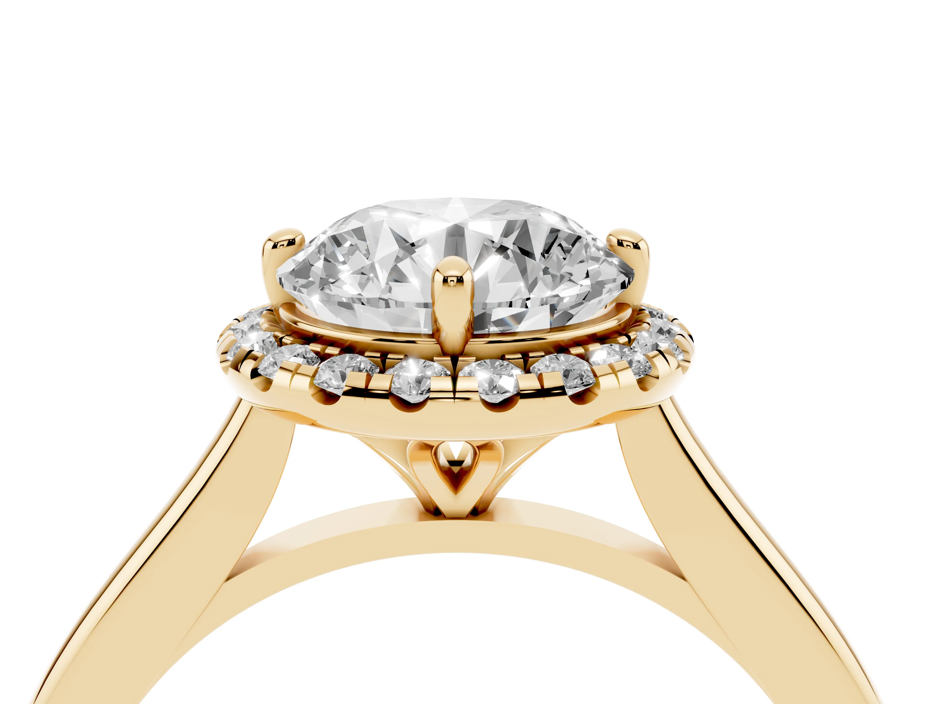 Round Cut Diamond Halo Engagement Ring Set in Yellow gold with Pavé Band and Rising Shoulders