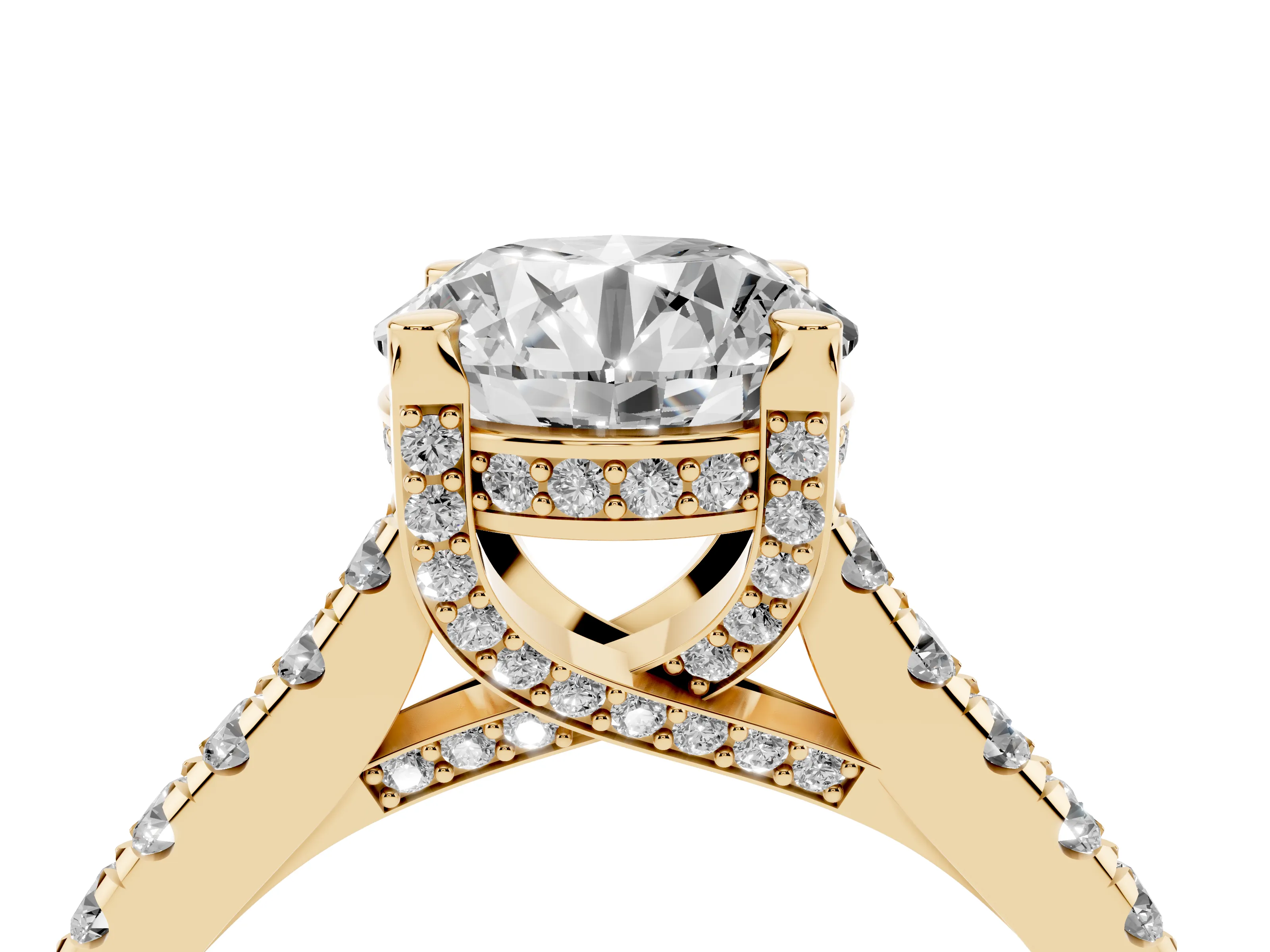 Round Cut Diamond Solitaire Ring Set in Yellow gold with Brilliant Pavé Band and Prong Setting