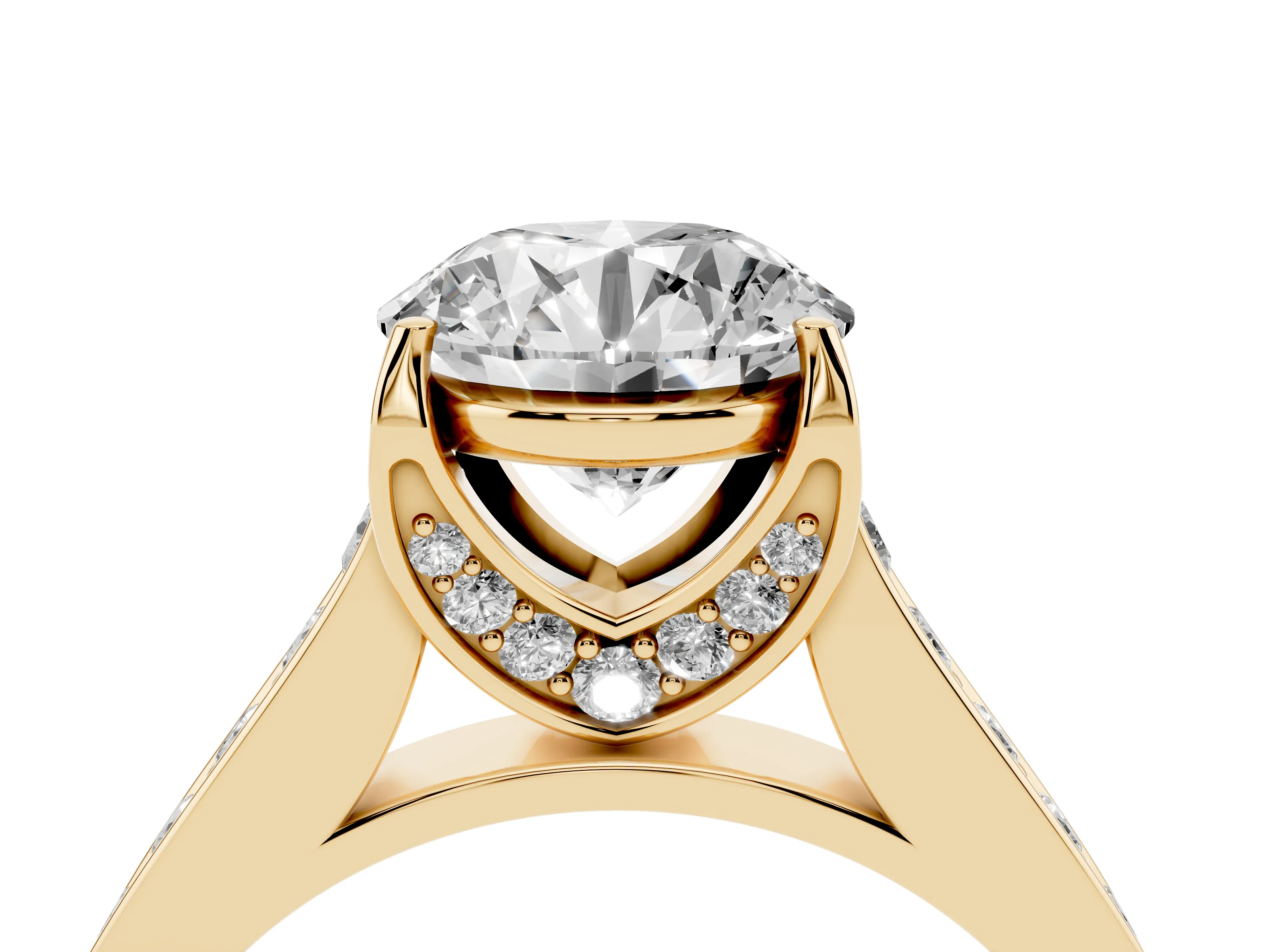 Round Cut Diamond Solitaire Pavé Engagement Ring Set in Yellow gold with Prong Setting