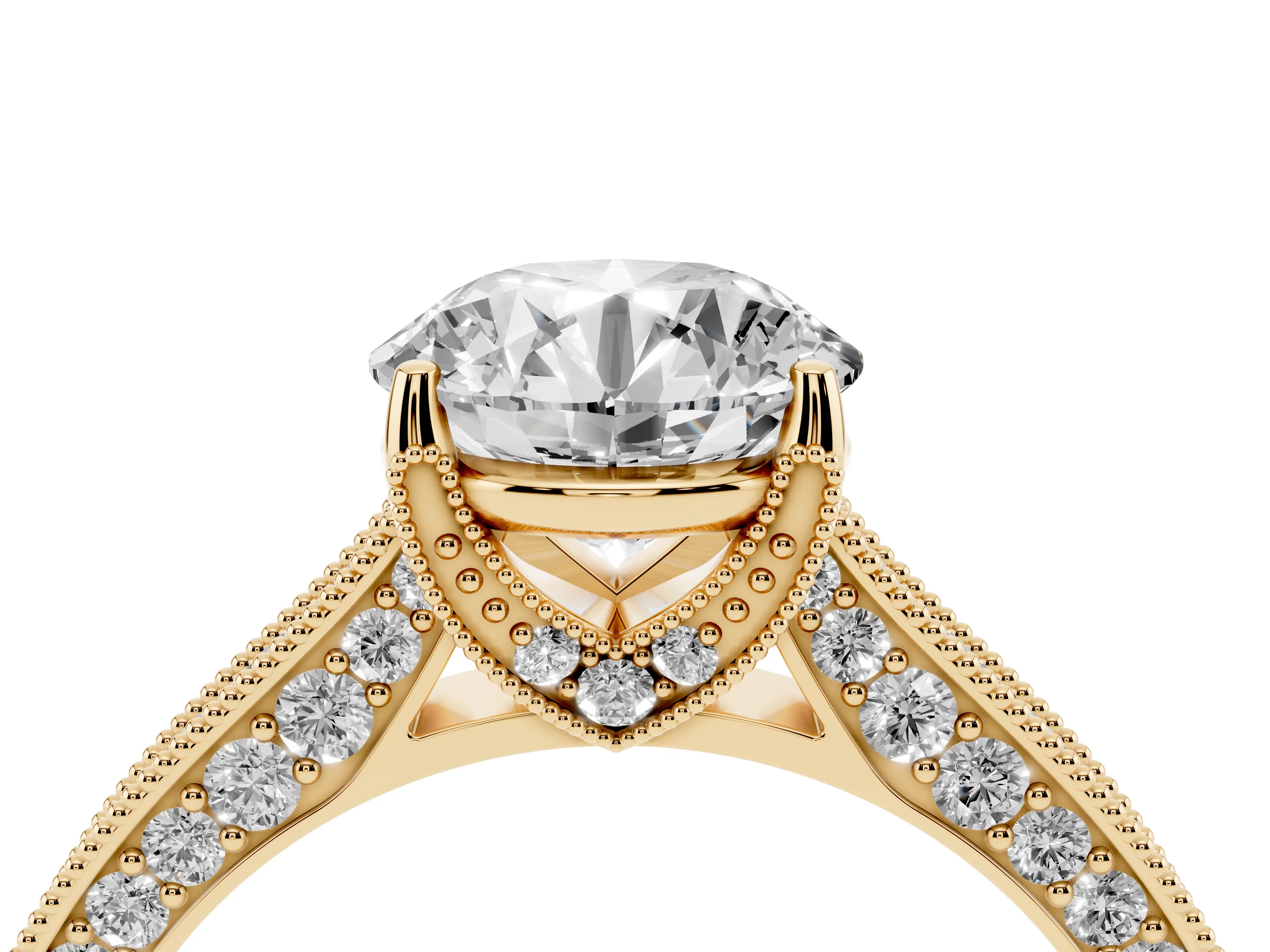 Round Cut Diamond Solitaire Ring Set in Yellow gold with Milgrain-Edged Pavé Band and Prong Setting