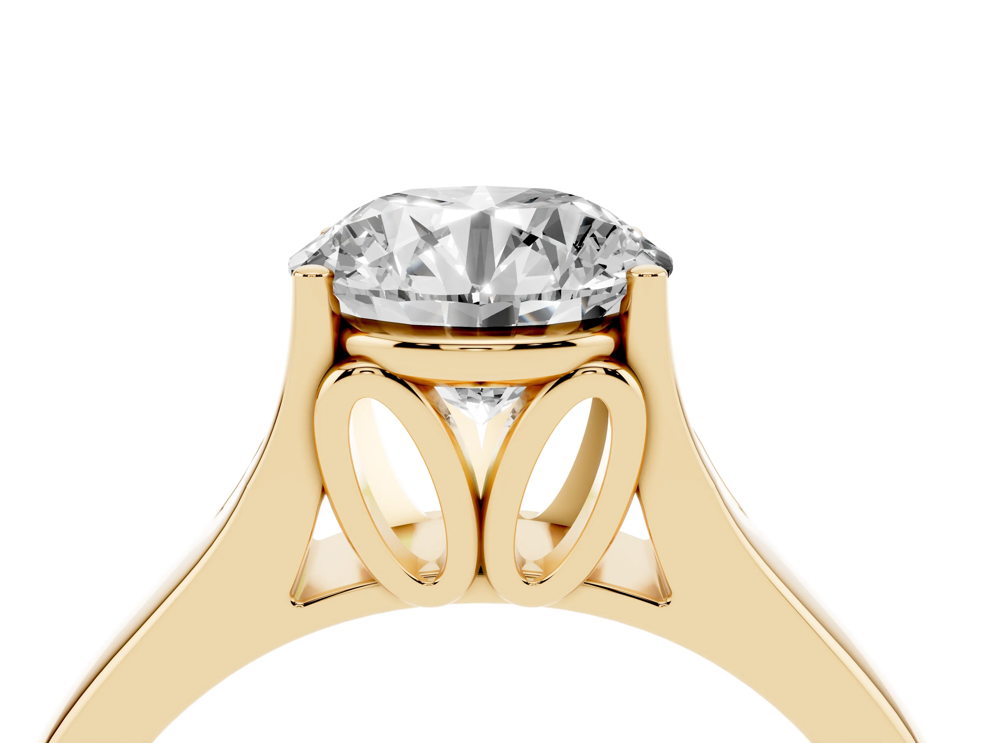 Round Cut Diamond Solitaire Ring Set in Yellow gold with Arched Cathedral Band and Prong Setting