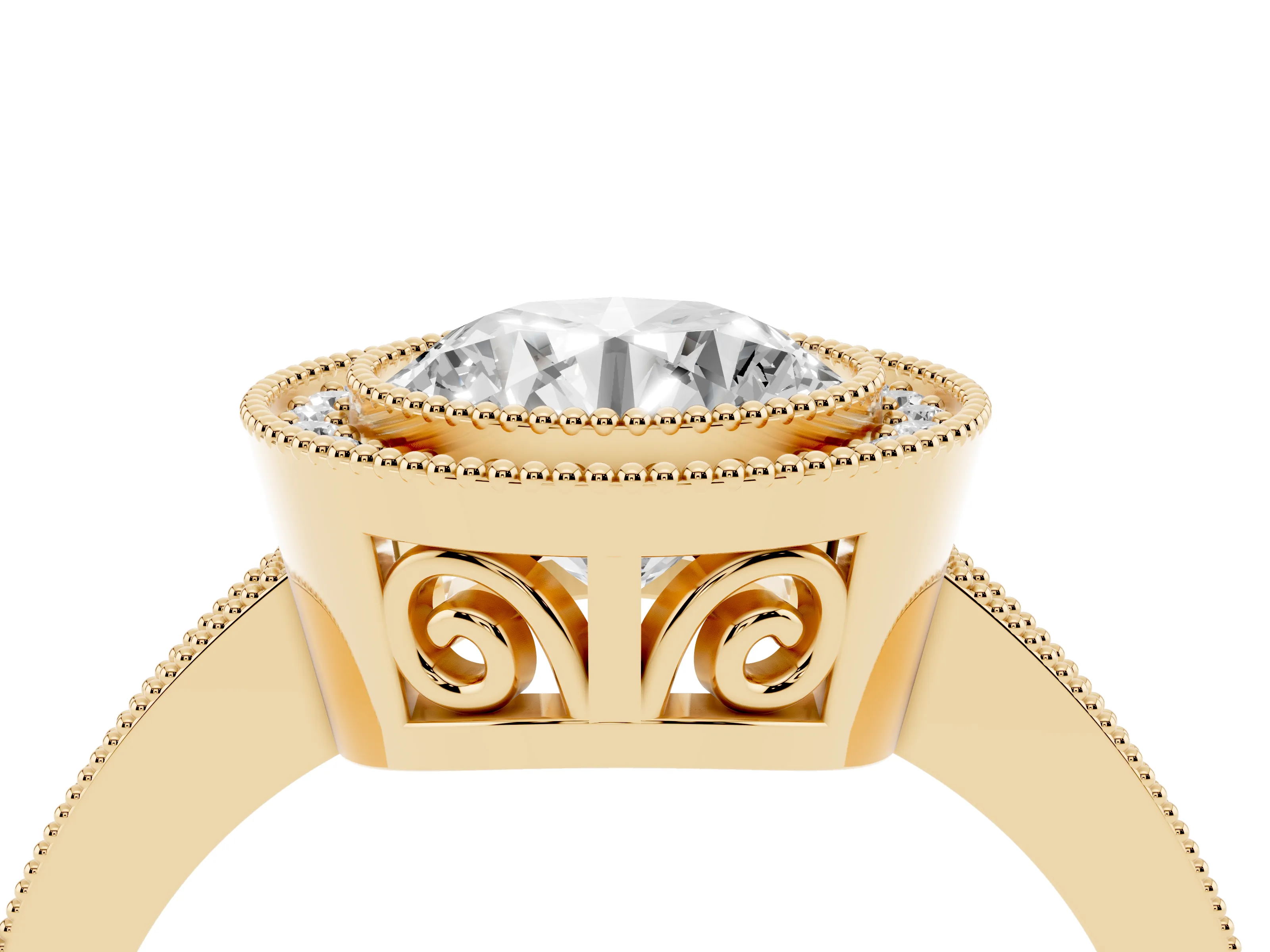 Round Cut Diamond Round Halo Ring Set in Yellow gold with Pavé Band