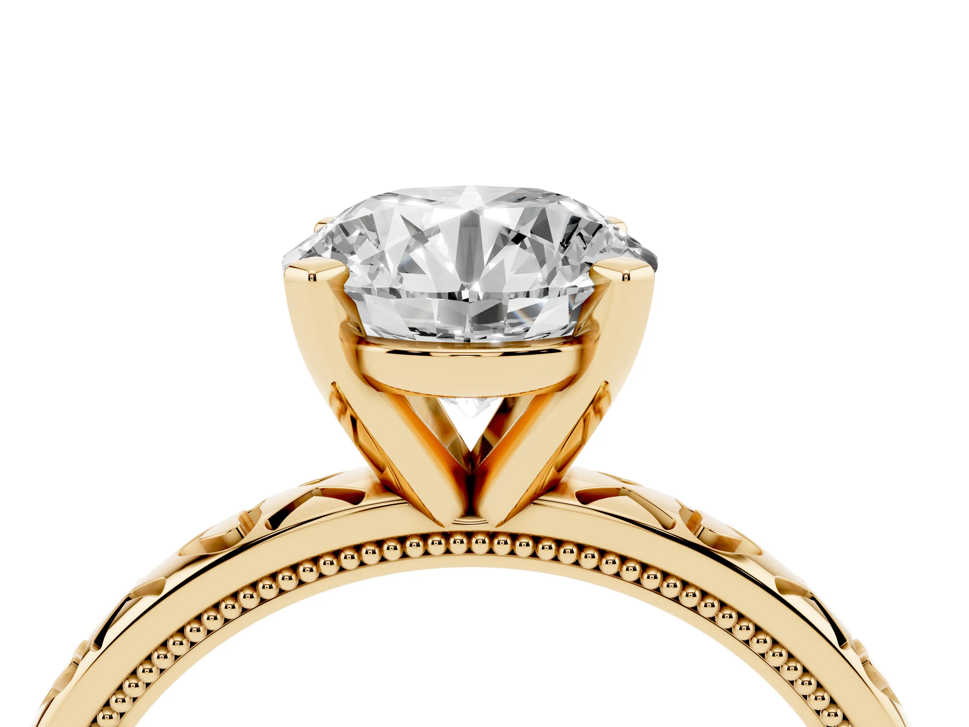 Round Cut Diamond Solitaire Engagement Ring Set in Yellow gold with XO Engraved Band and Prong Setting