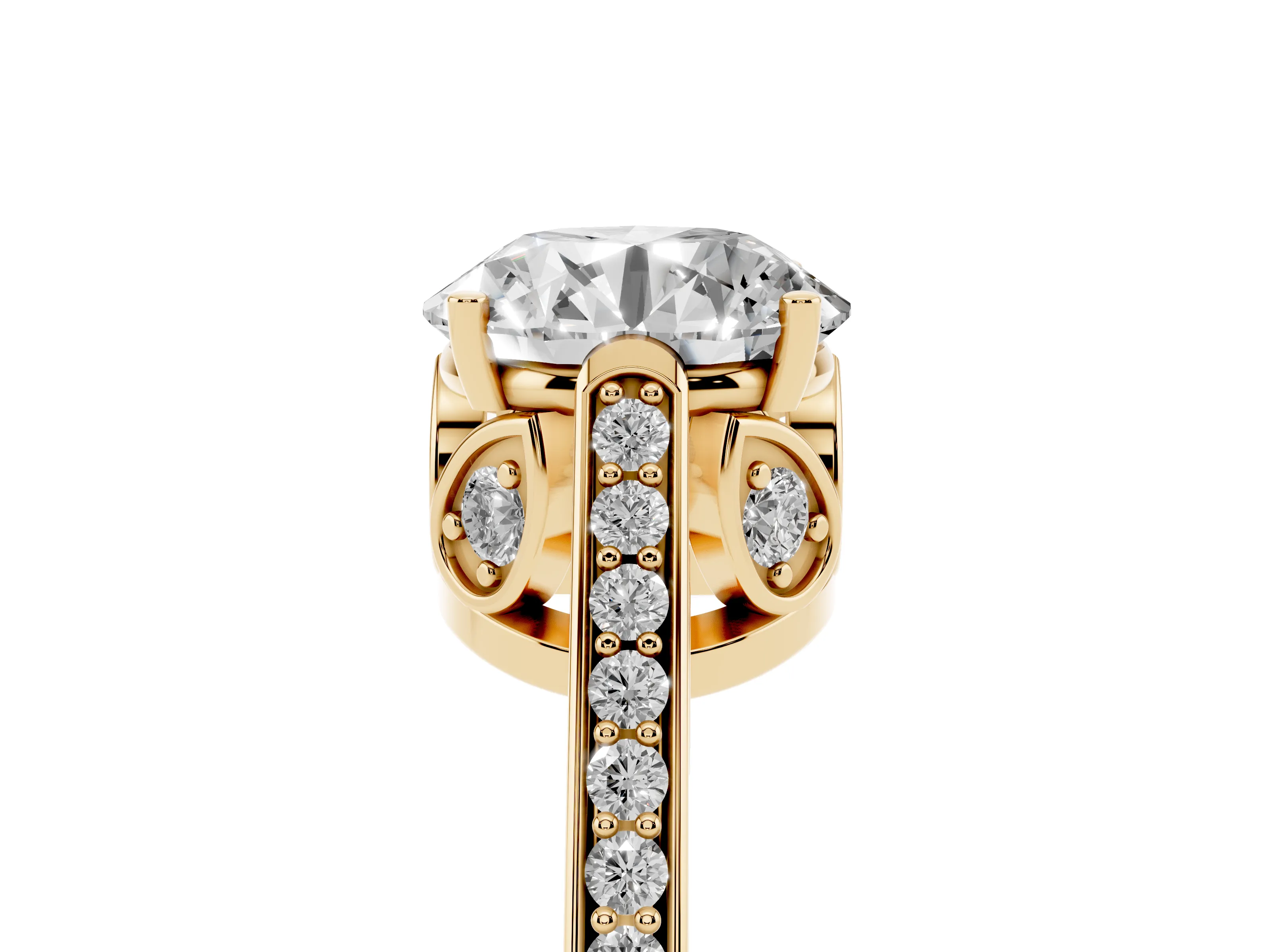 Round Cut Diamond Cathedral Pavé Engagement Ring Set in Yellow gold with Prong Setting