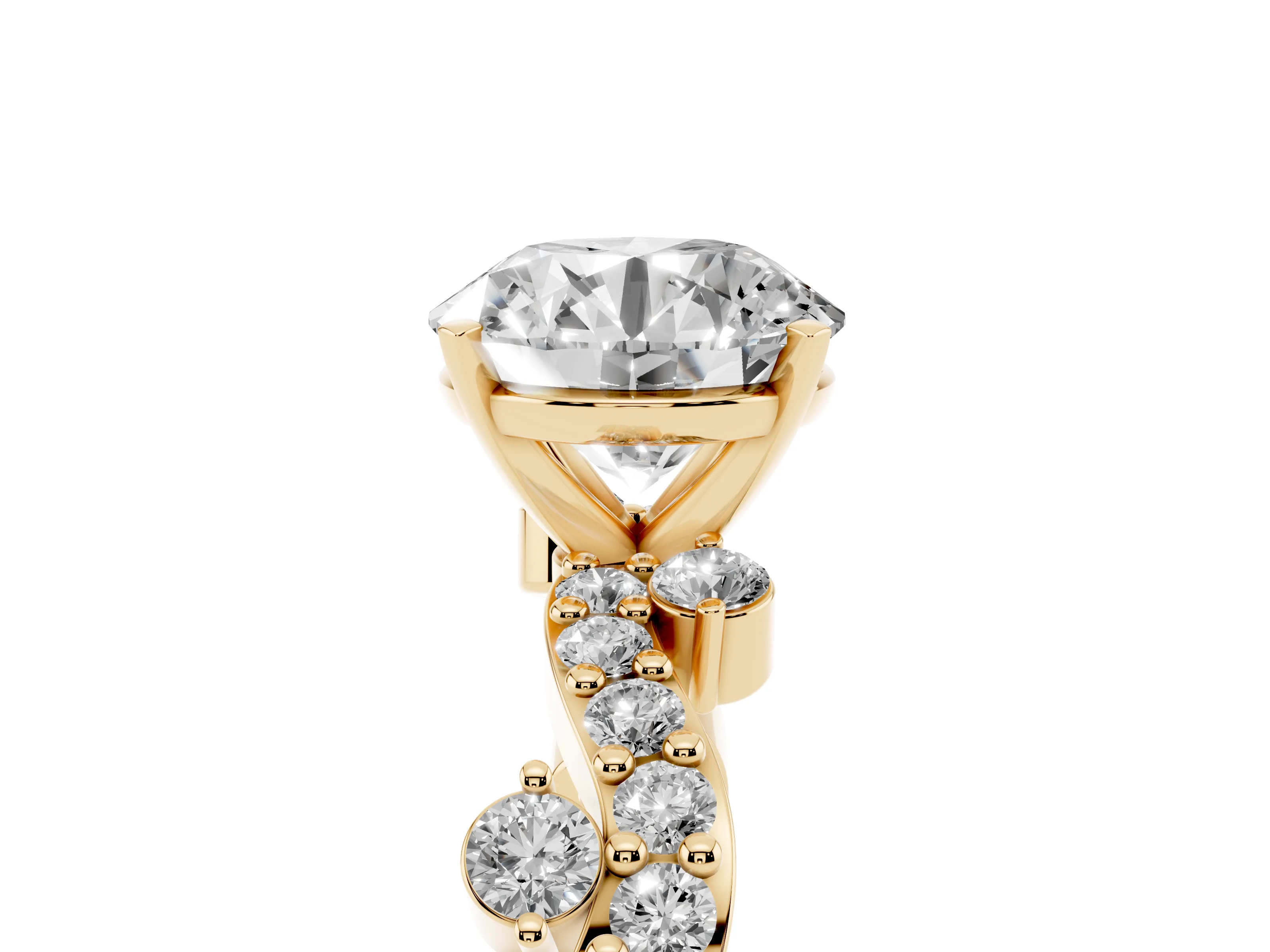 Round Cut Diamond Solitaire Twisted Band Set in Yellow gold with Pavé Setting
