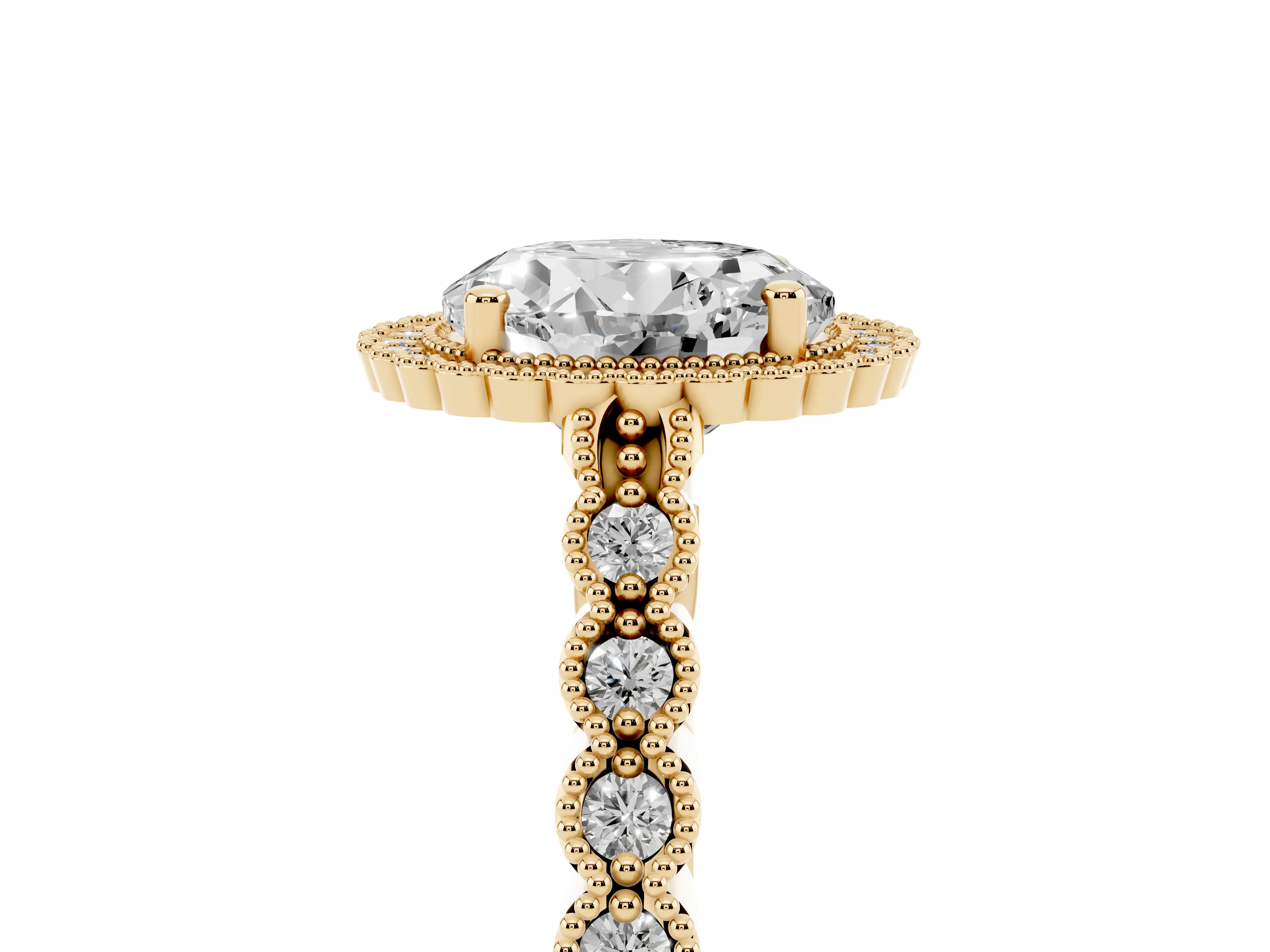 Round Cut Diamond Halo Ring Set in Yellow gold with Pavé Milgrain Band