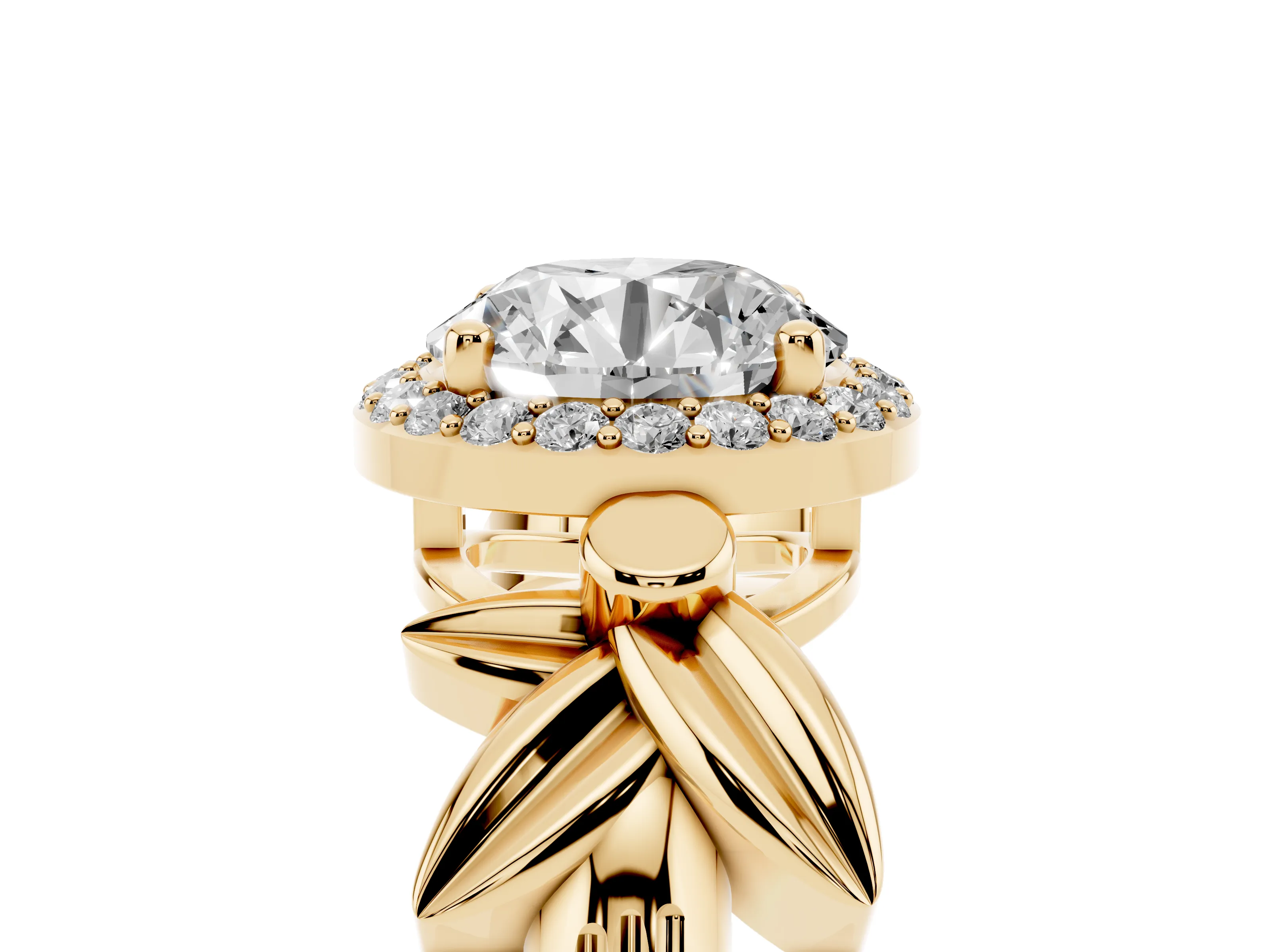 Round Cut Diamond Halo Floral Band Ring Set in Yellow gold with Prong Setting