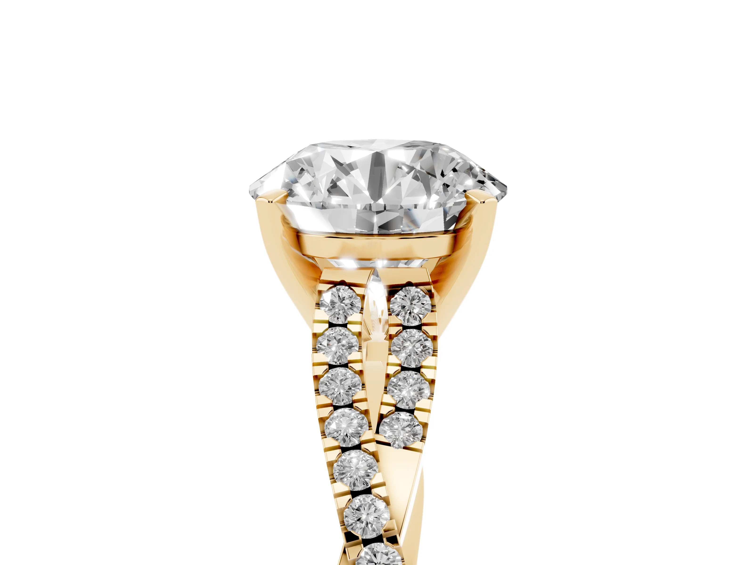 Round Cut Diamond Solitaire Engagement Ring Set in Yellow gold with Twisted Pavé Band and Prong Setting
