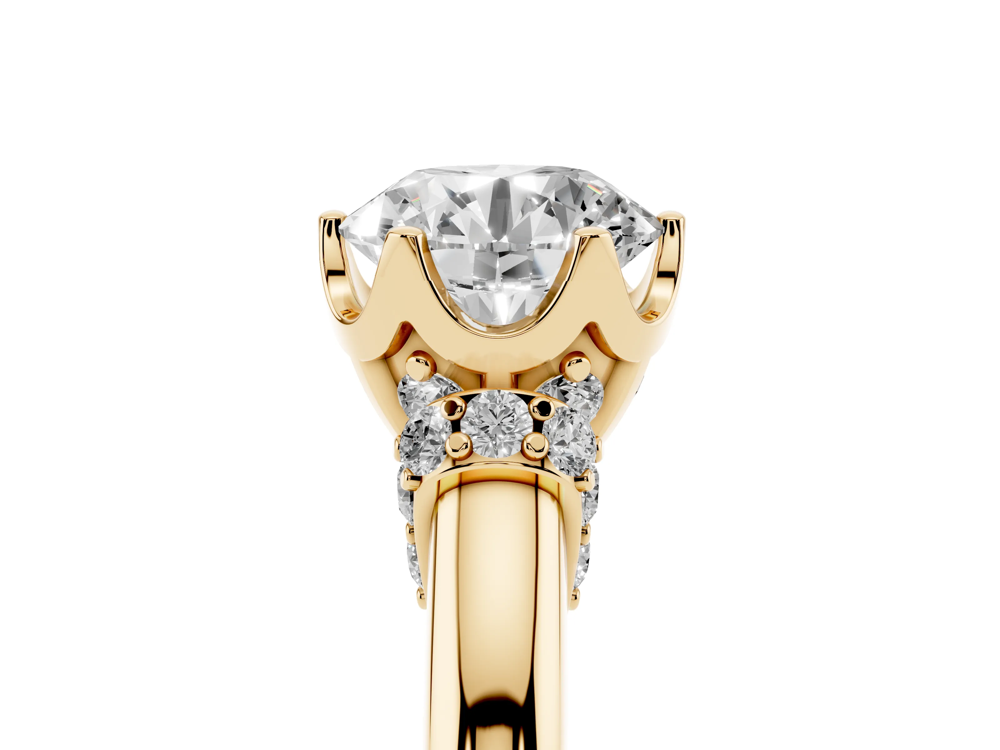 Round Cut Diamond Cathedral Solitaire Engagement Ring Set in Yellow gold with Pavé Accents