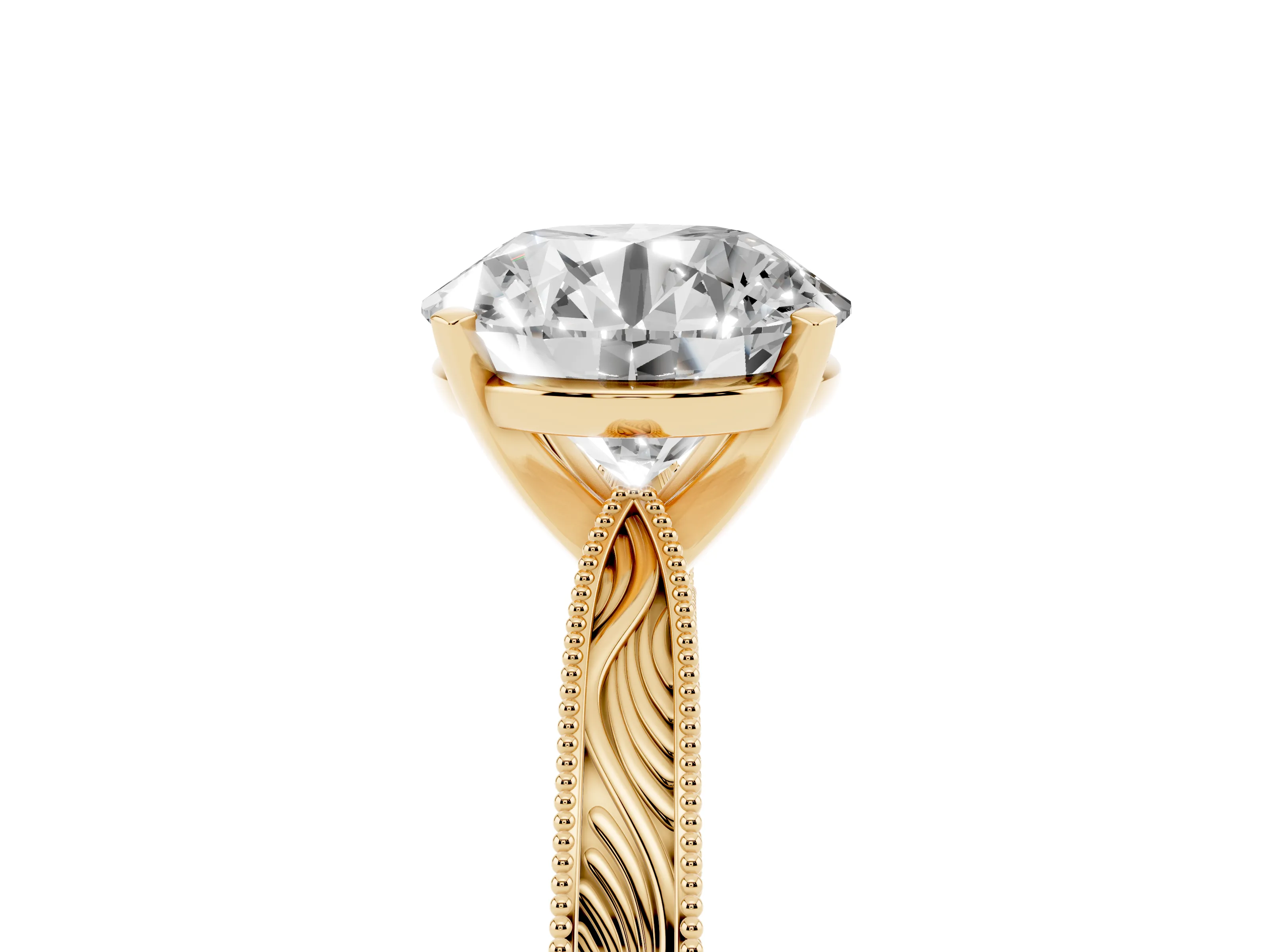 Round Cut Diamond Solitaire Milgrain Engraved Band Set in Yellow gold with Prong Setting