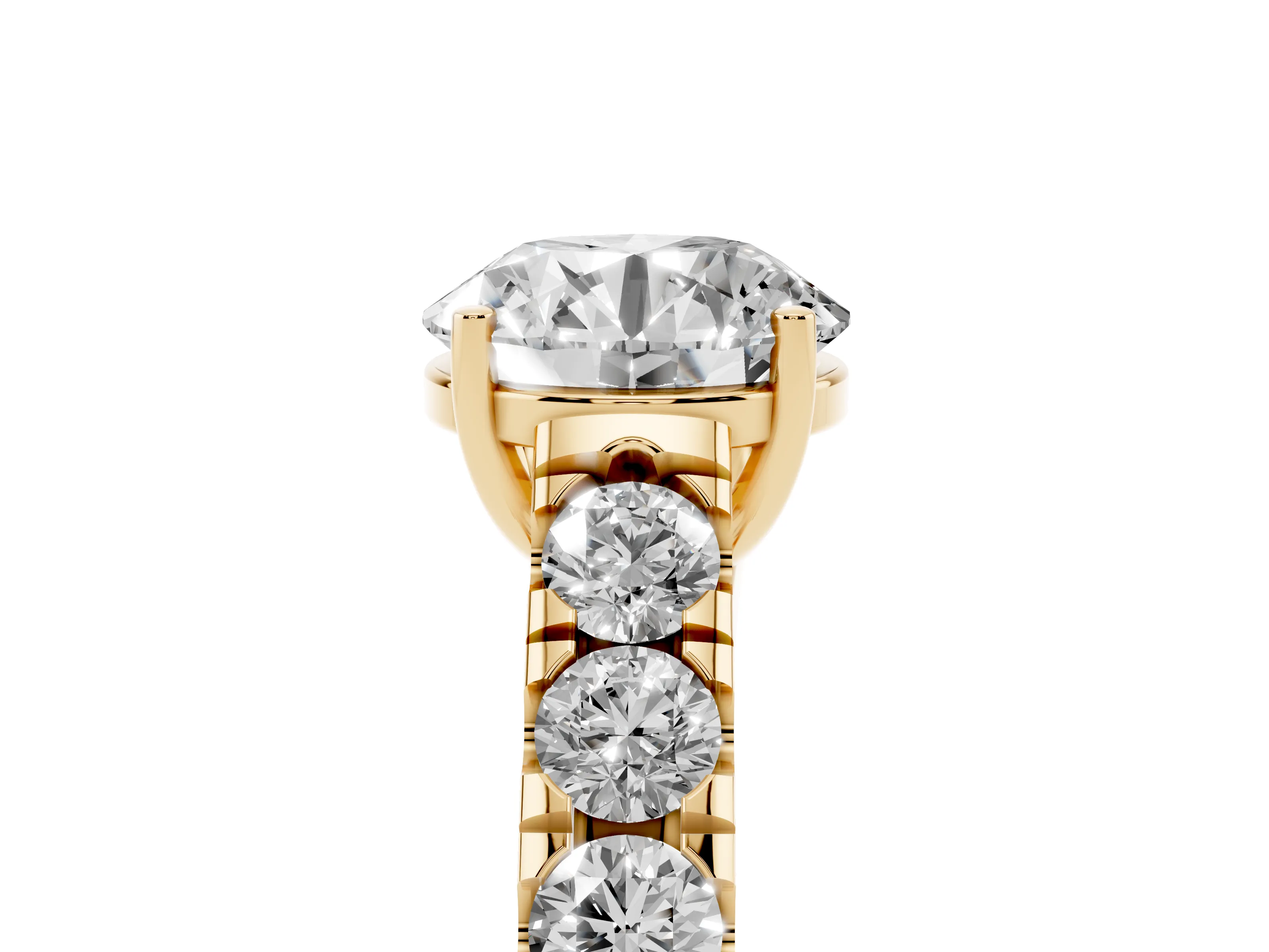 Round Cut Diamond Solitaire Ring Set in Yellow gold with Cut-Down Micro Pavé Band and Prong Setting