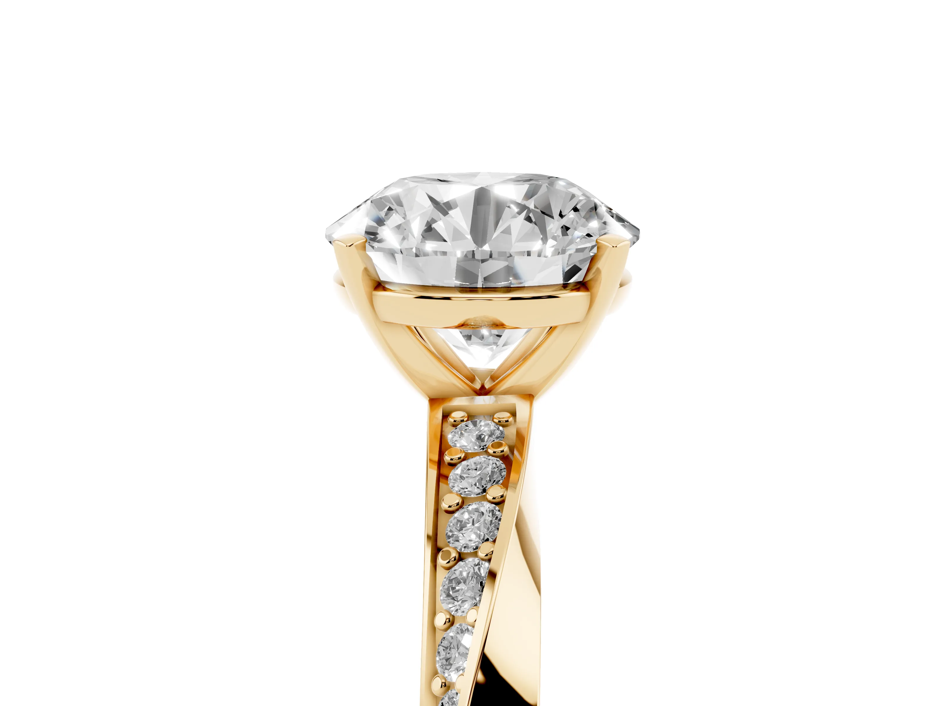 Round Cut Diamond Engagement Ring Set in Yellow gold with Side Stone Accents and Prong Setting