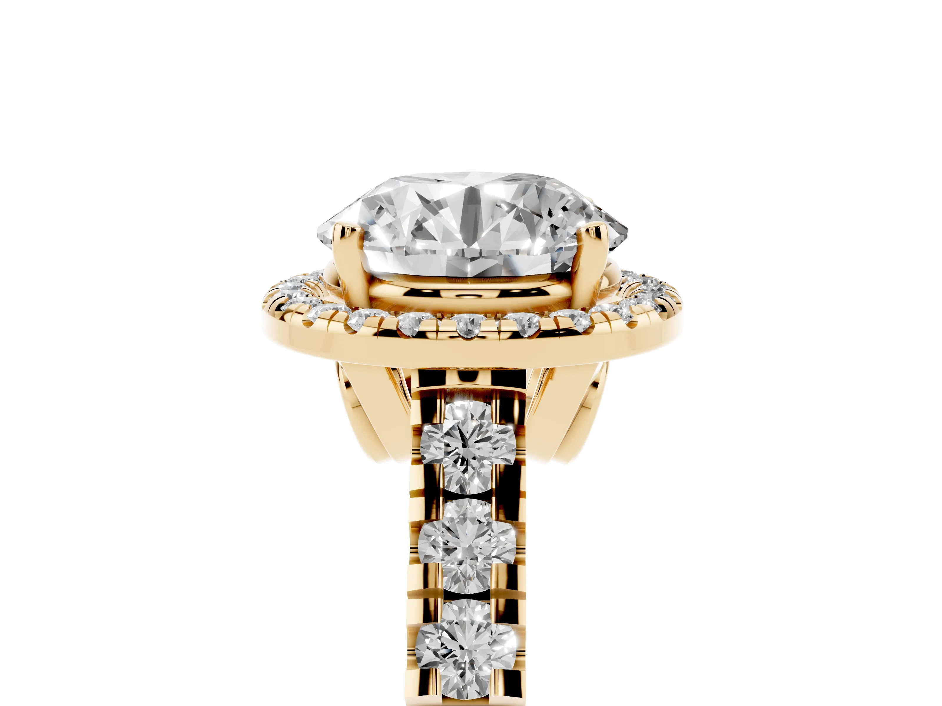 Round Cut Diamond Halo Engagement Ring Set in Yellow gold with Pavé Band and Prong-Set Center