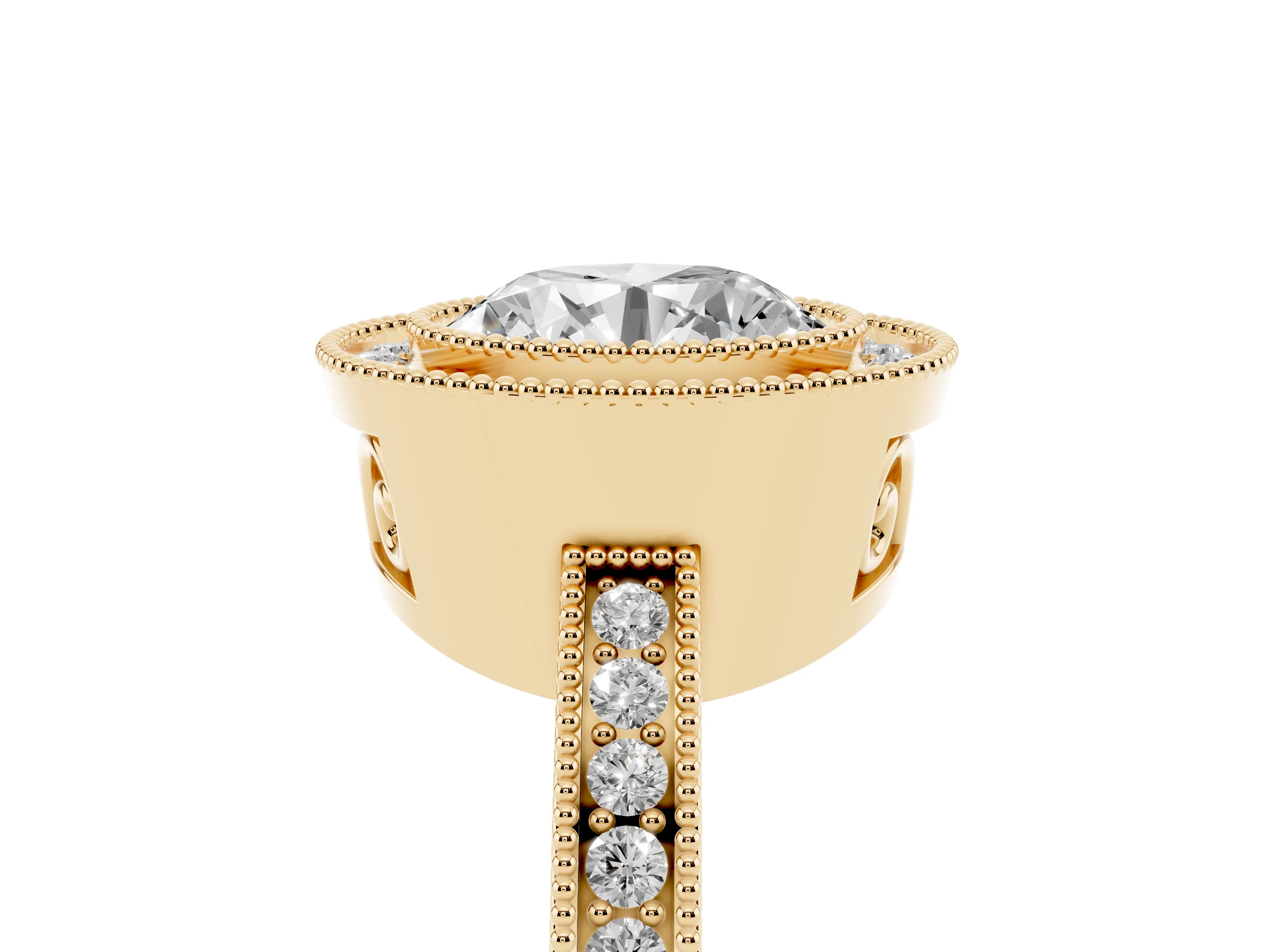 Round Cut Diamond Halo Ring Set in Yellow gold with Pavé Band and Milgrain-Edged Prongs