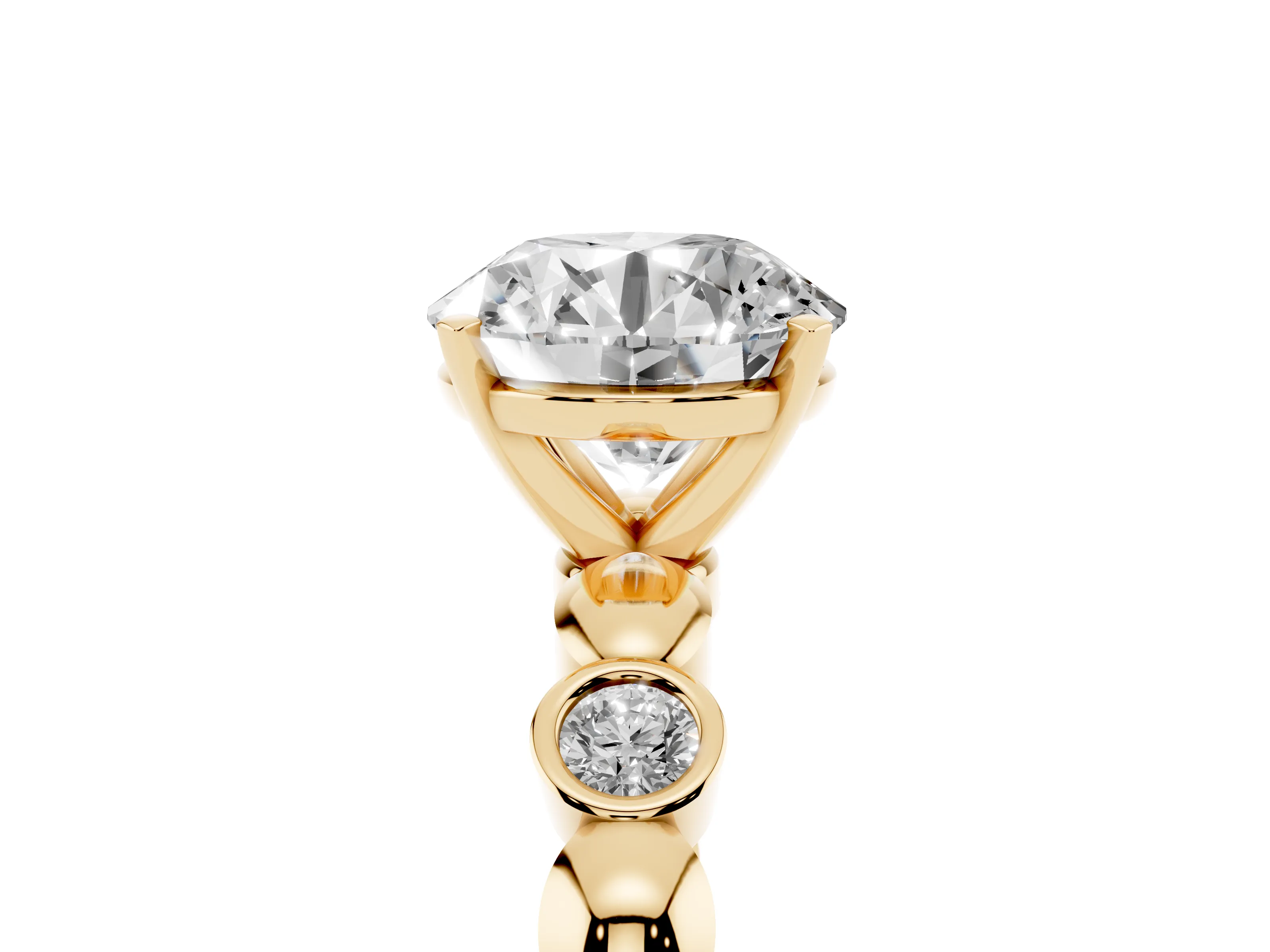 Round Cut Diamond Solitaire Ring Set in Yellow gold with Bezel-Set Accents on Beaded Band and Prong Setting