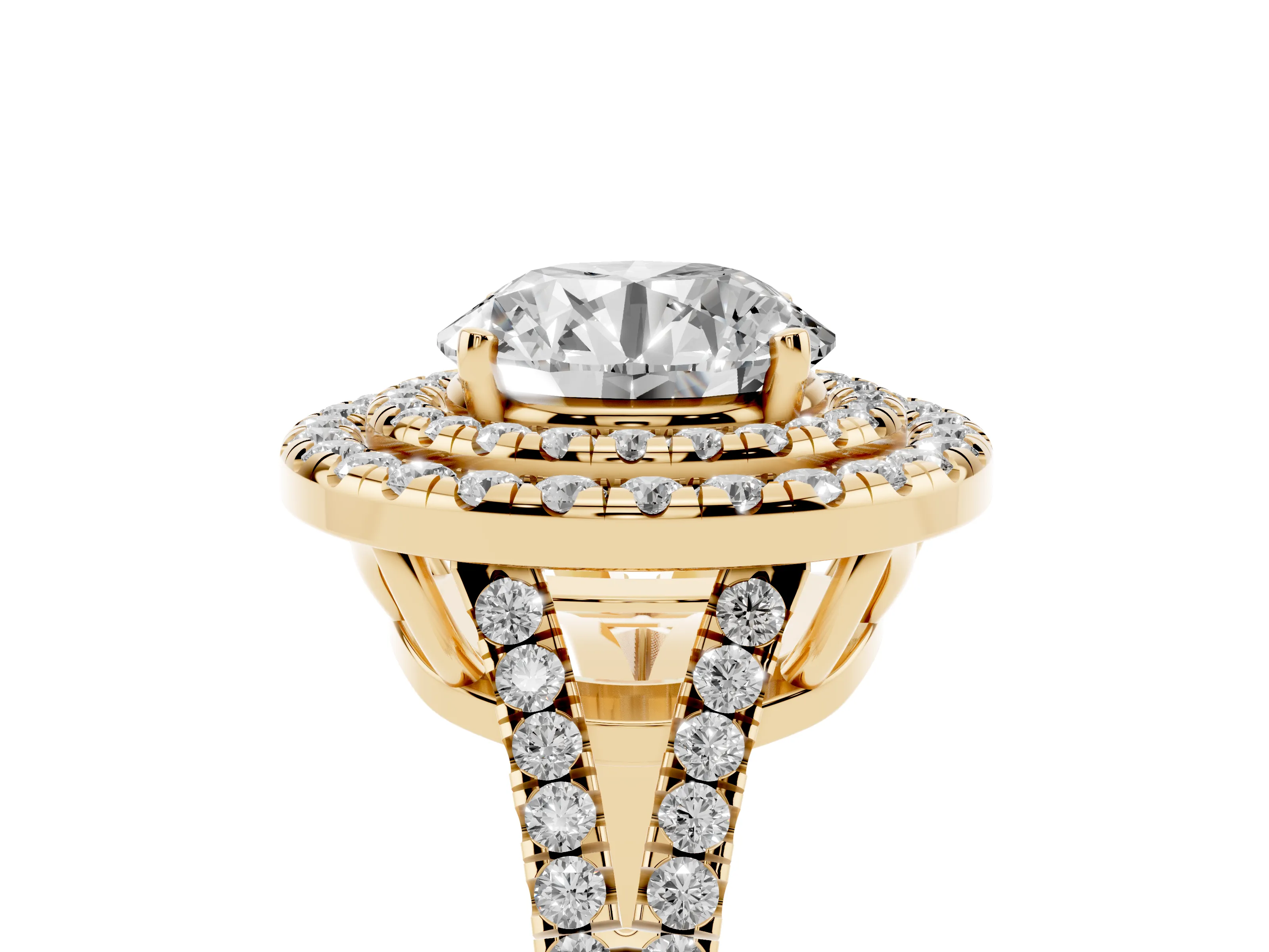 Round Cut Diamond Double Halo Ring Set in Yellow gold with Pavé Band